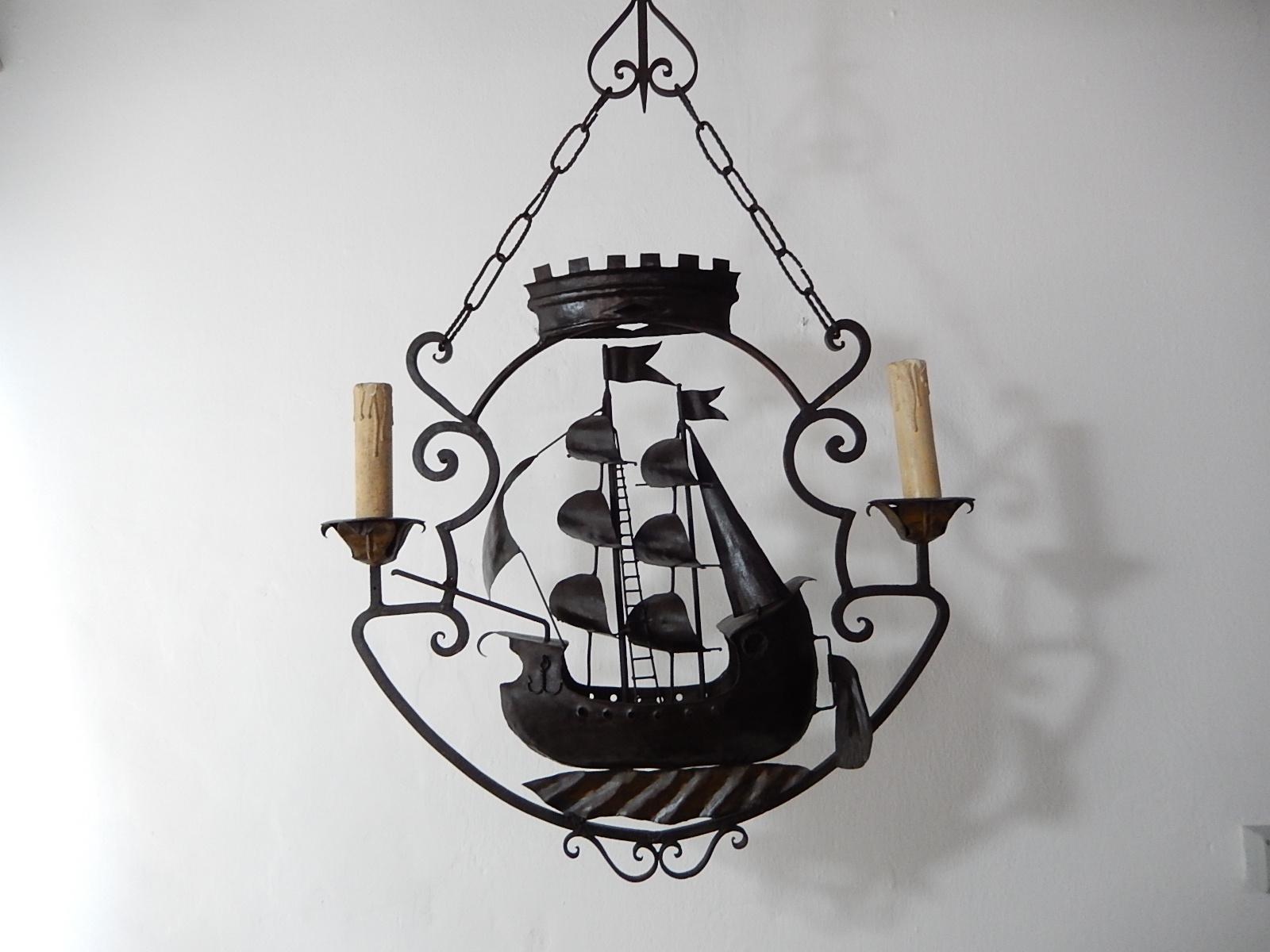 Huge Nautical Sailing Boat Ship Chandelier circa 1900 Wrought Iron In Good Condition In Modena (MO), Modena (Mo)