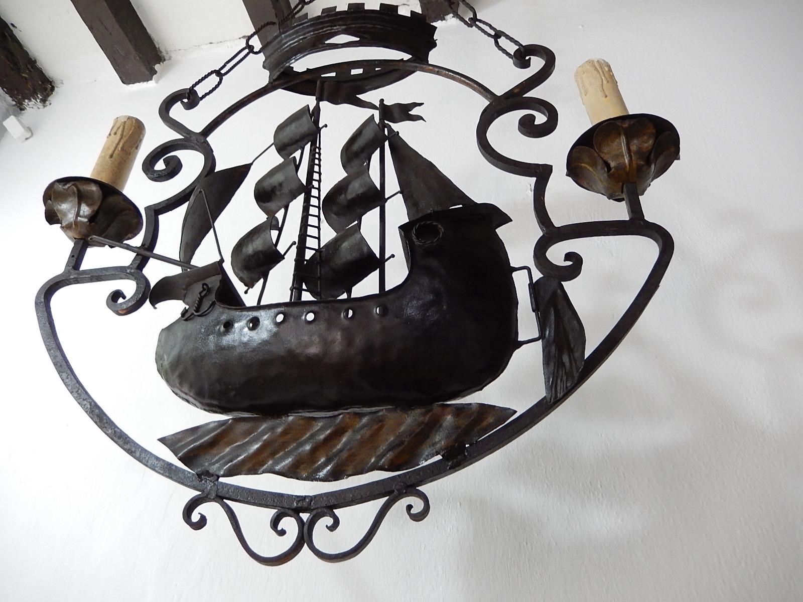 Huge Nautical Sailing Boat Ship Chandelier circa 1900 Wrought Iron 1