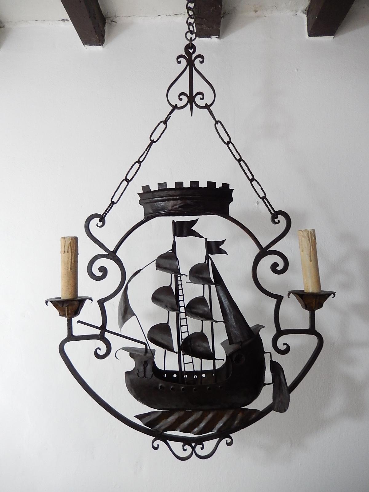 Huge Nautical Sailing Boat Ship Chandelier circa 1900 Wrought Iron 2