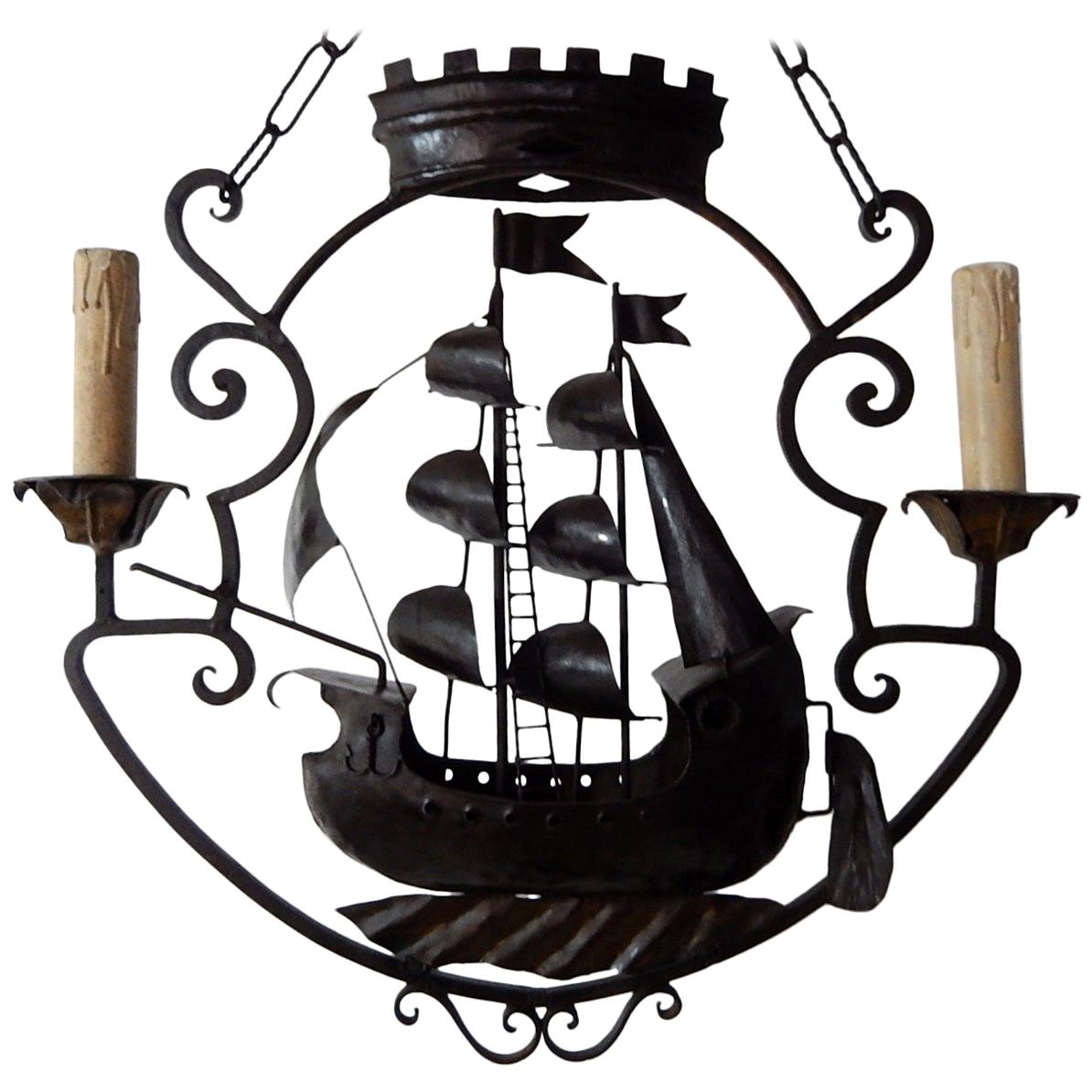 Huge Nautical Sailing Boat Ship Chandelier circa 1900 Wrought Iron