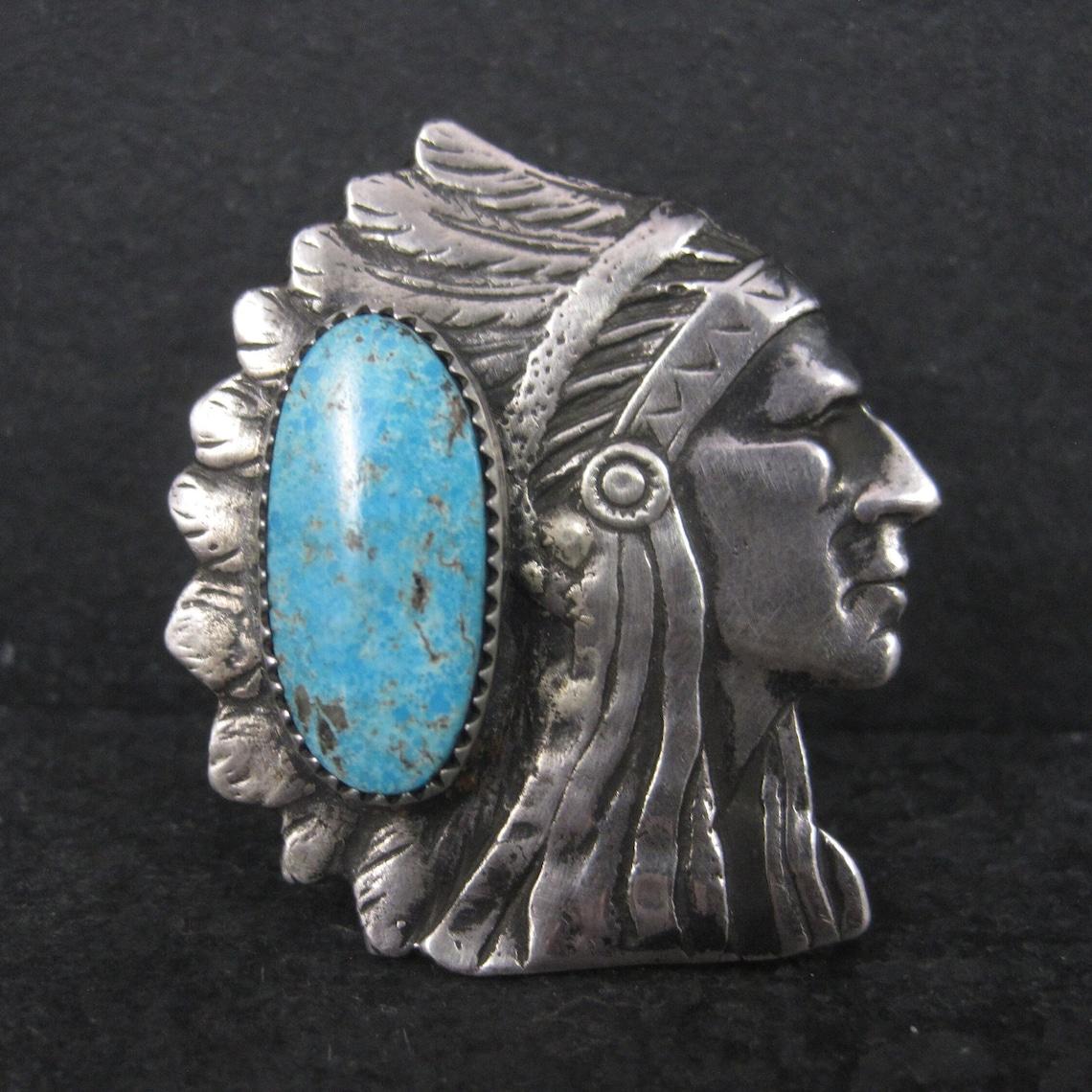 Huge Navajo Turquoise Chieftain Indian Head Ring Size 8 Signed For Sale 4