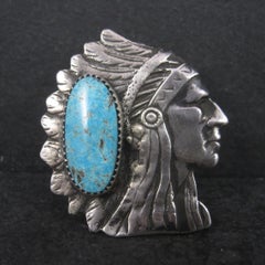 Huge Navajo Turquoise Chieftain Indian Head Ring Size 8 Signed