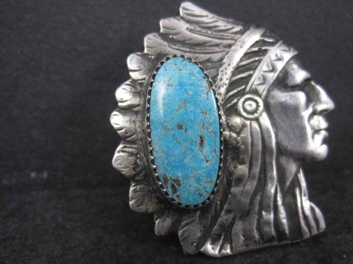 Native American Huge Navajo Turquoise Chieftain Indian Head Ring Size 8 Signed For Sale