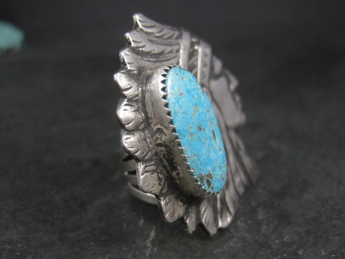 Oval Cut Huge Navajo Turquoise Chieftain Indian Head Ring Size 8 Signed For Sale