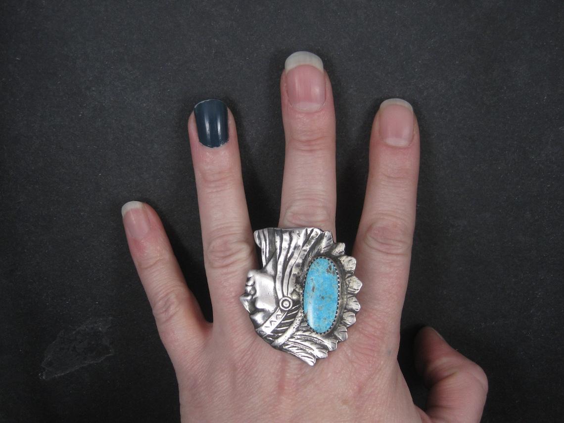 Huge Navajo Turquoise Chieftain Indian Head Ring Size 8 Signed For Sale 3