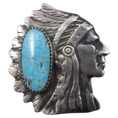 Huge Navajo Türkis Chieftain Indian Head Ring Größe 8 Signiert