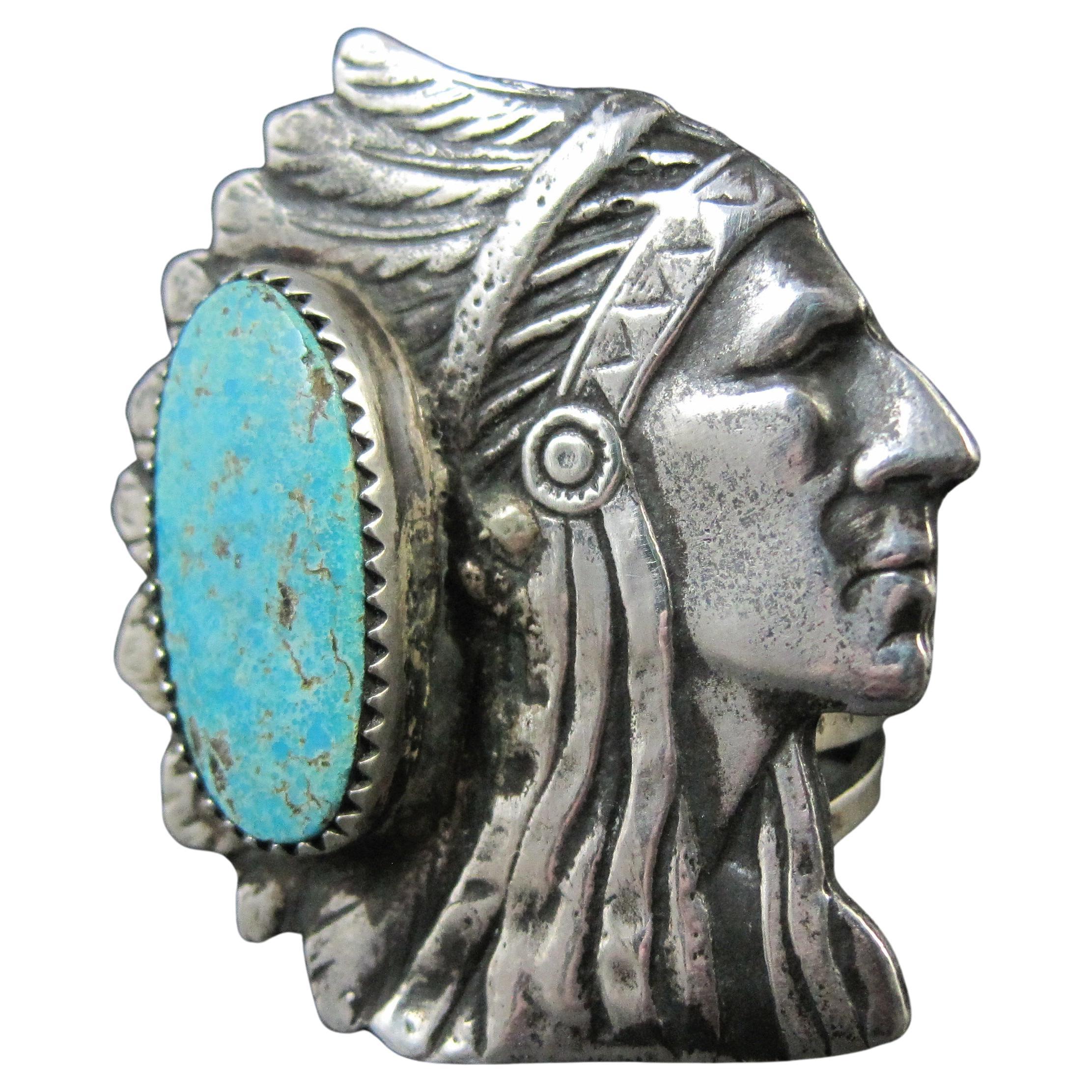 Grande bague tête d'Inde Chieftain en turquoise Navajo signée, taille 8