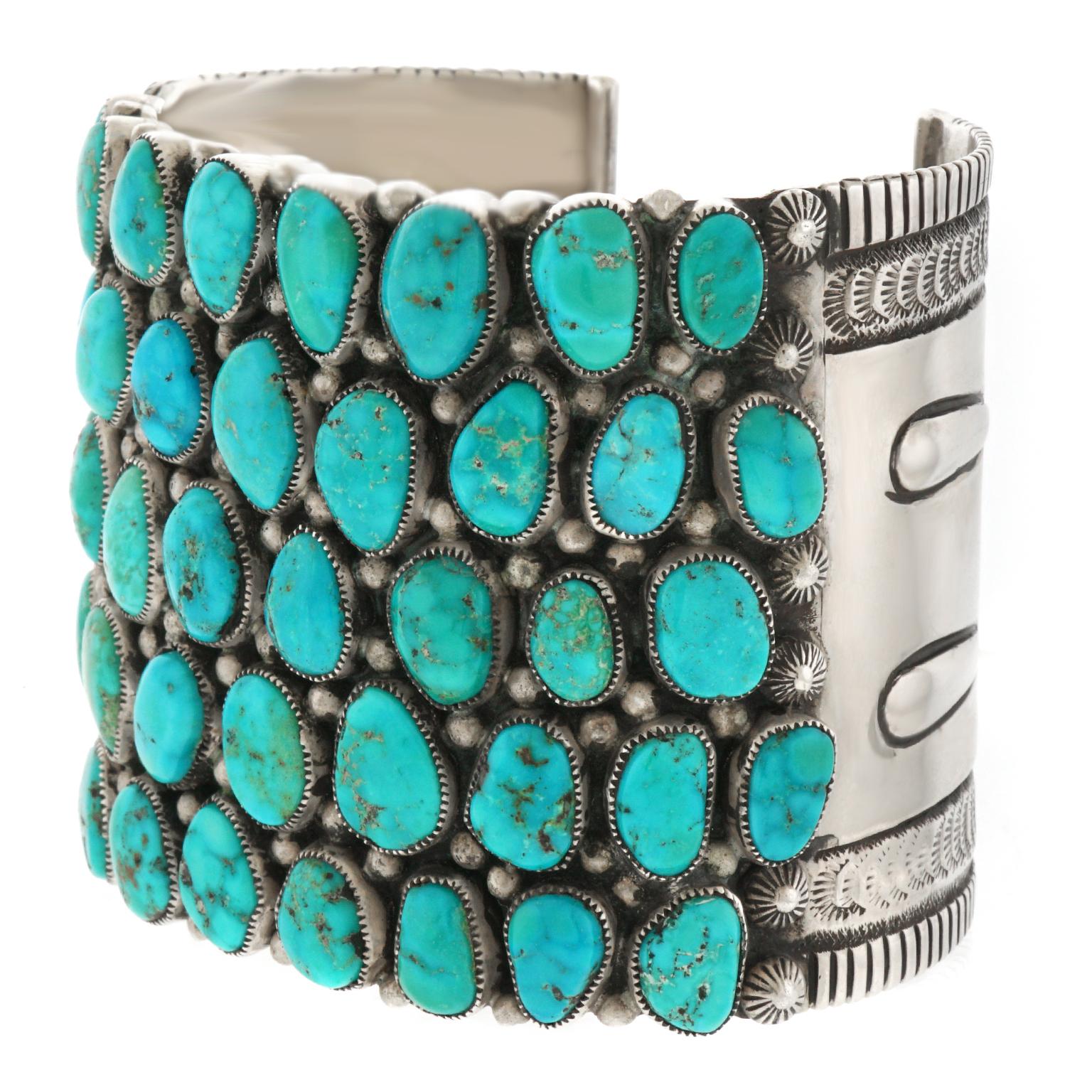 Native American Huge Navajo Turquoise-Set Sterling Bracelet