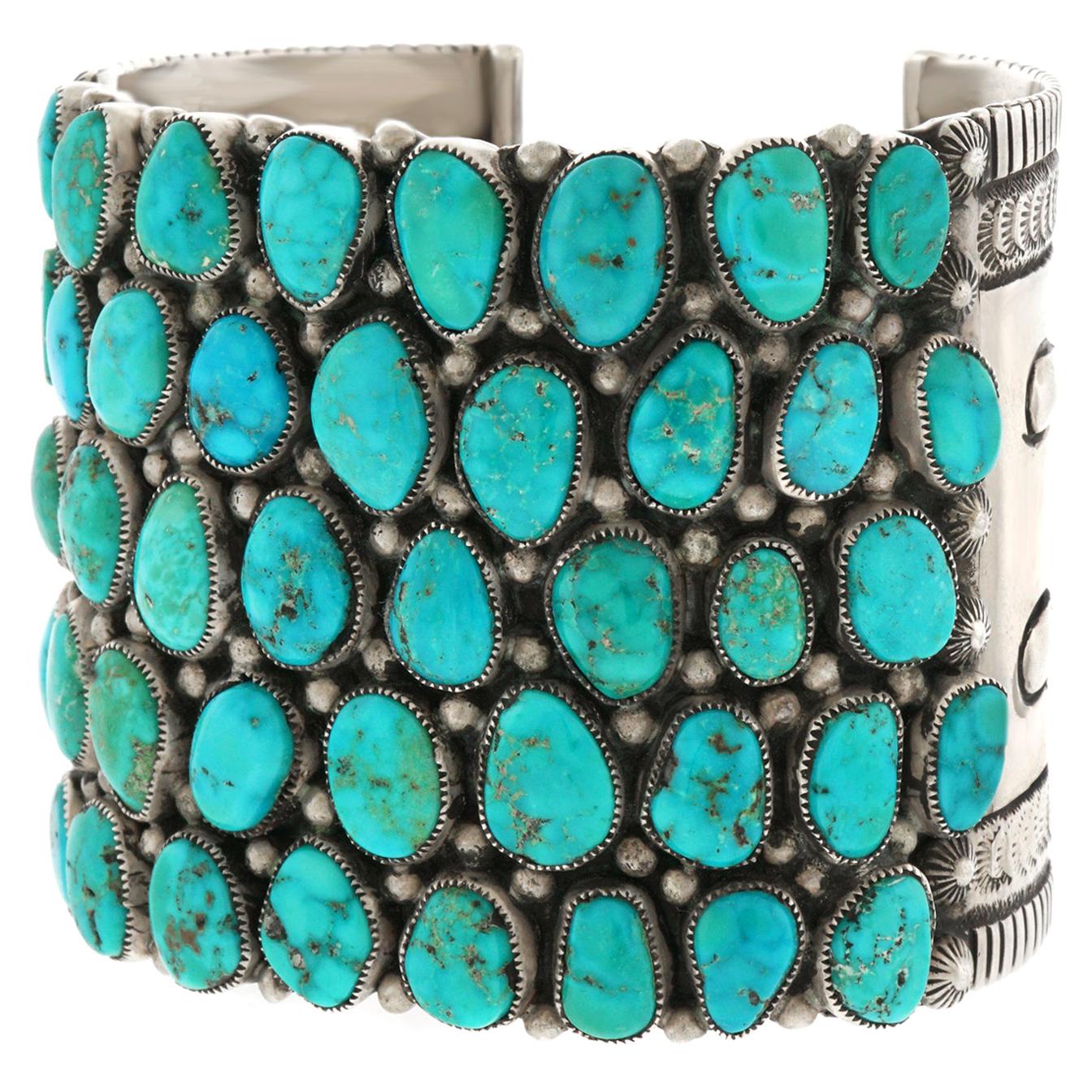 Huge Navajo Turquoise-Set Sterling Bracelet