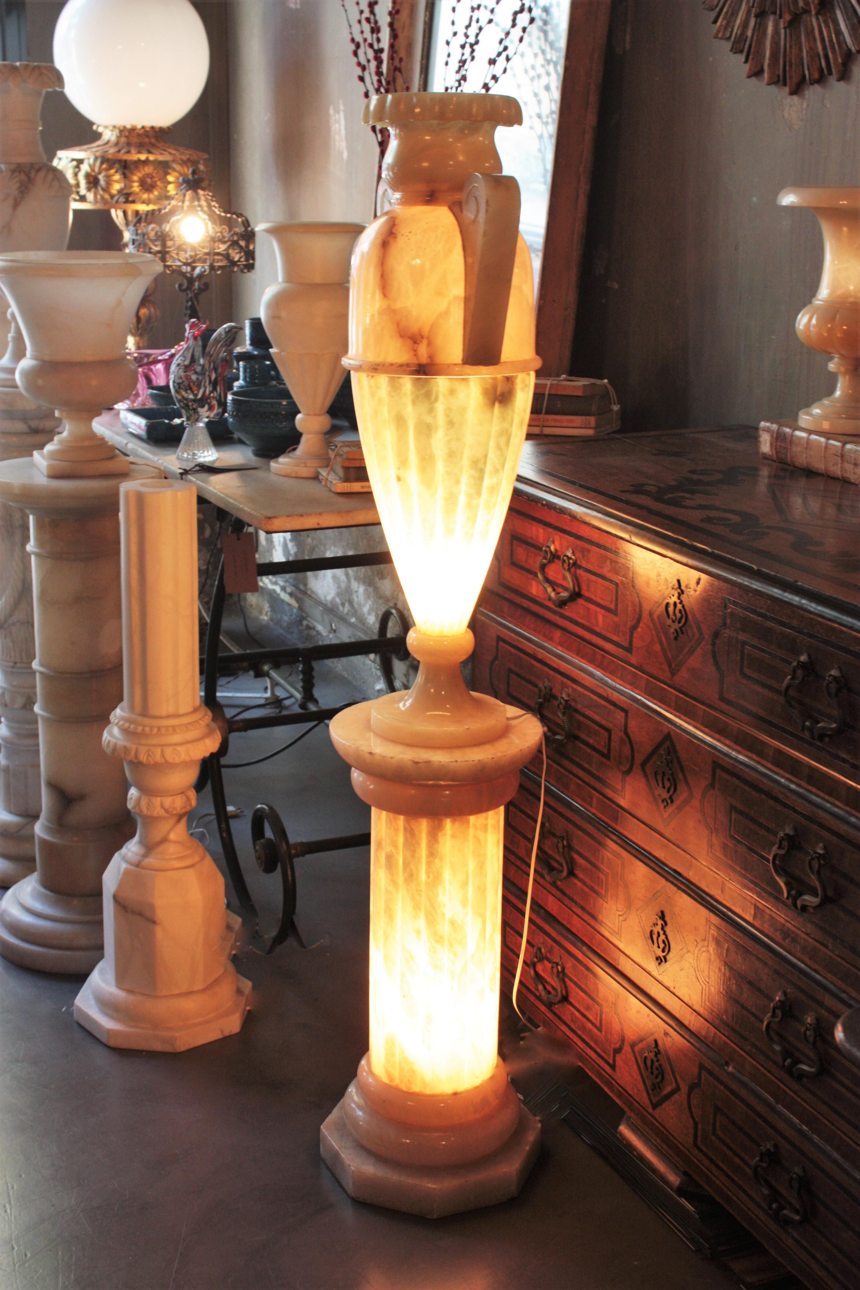 Huge Neoclassical Alabaster Urn Lamp and Column Pedestal Stand For Sale 14