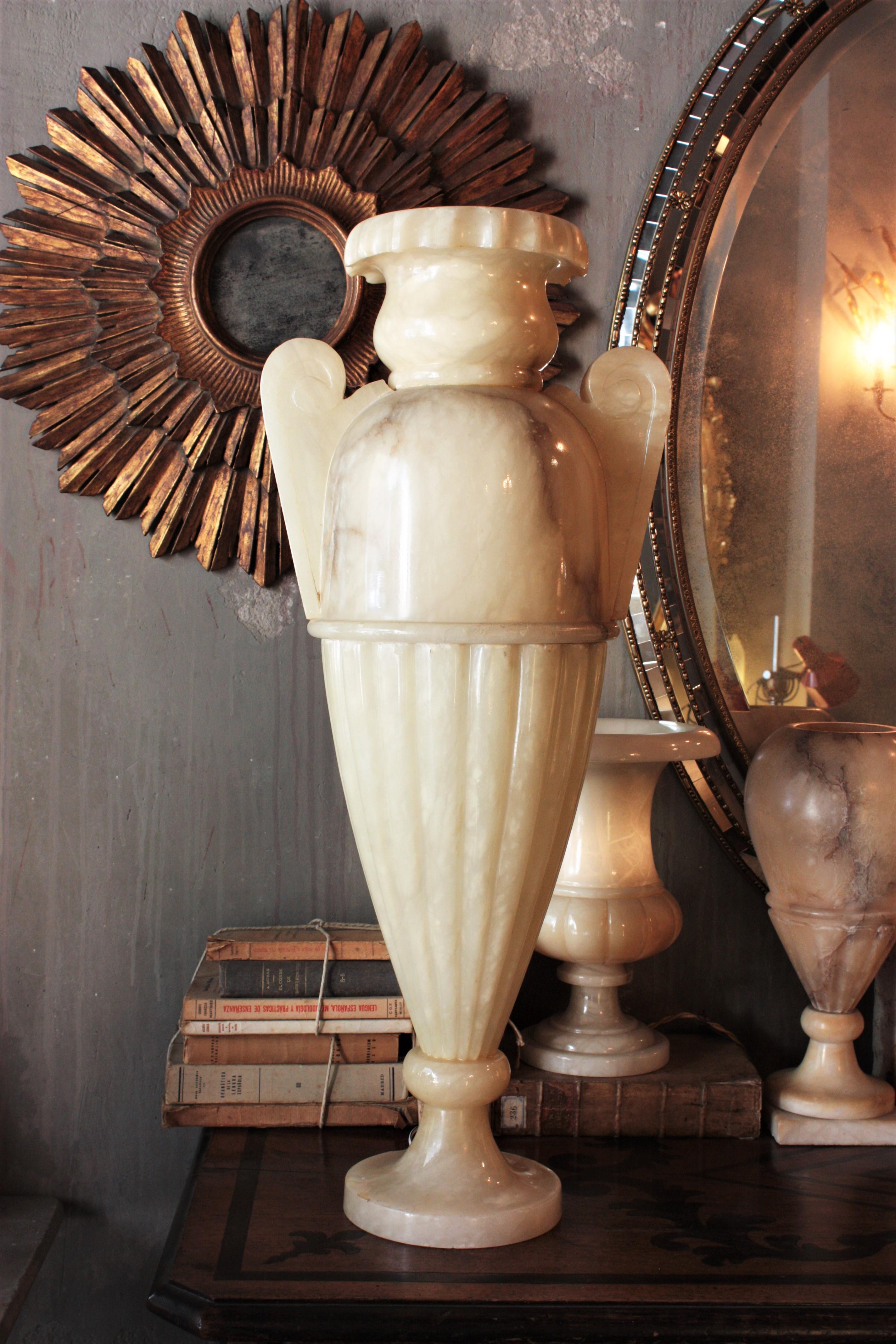 Spanish Huge Neoclassical Alabaster Urn Lamp & Column Pedestal Stand For Sale