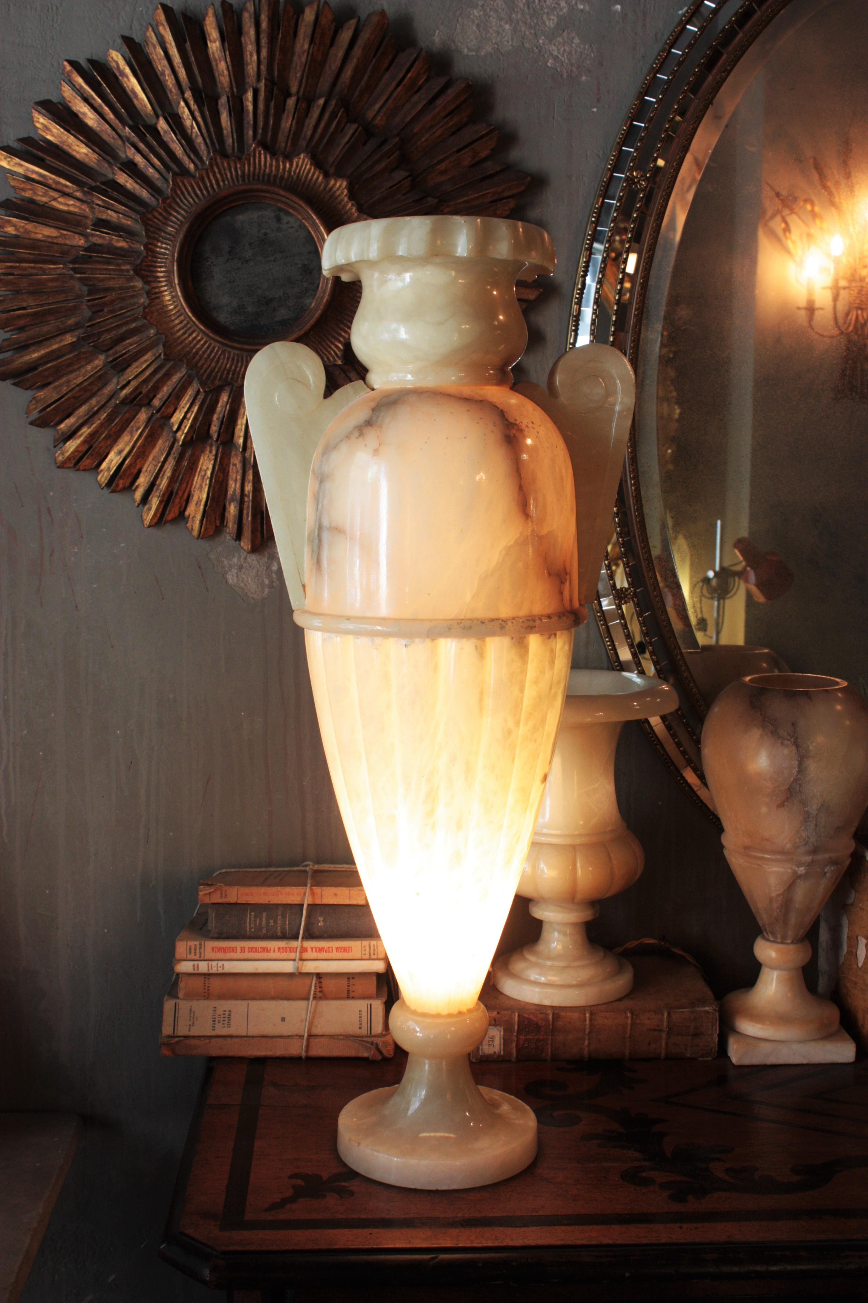 Carved Huge Neoclassical Alabaster Urn Lamp & Column Pedestal Stand For Sale