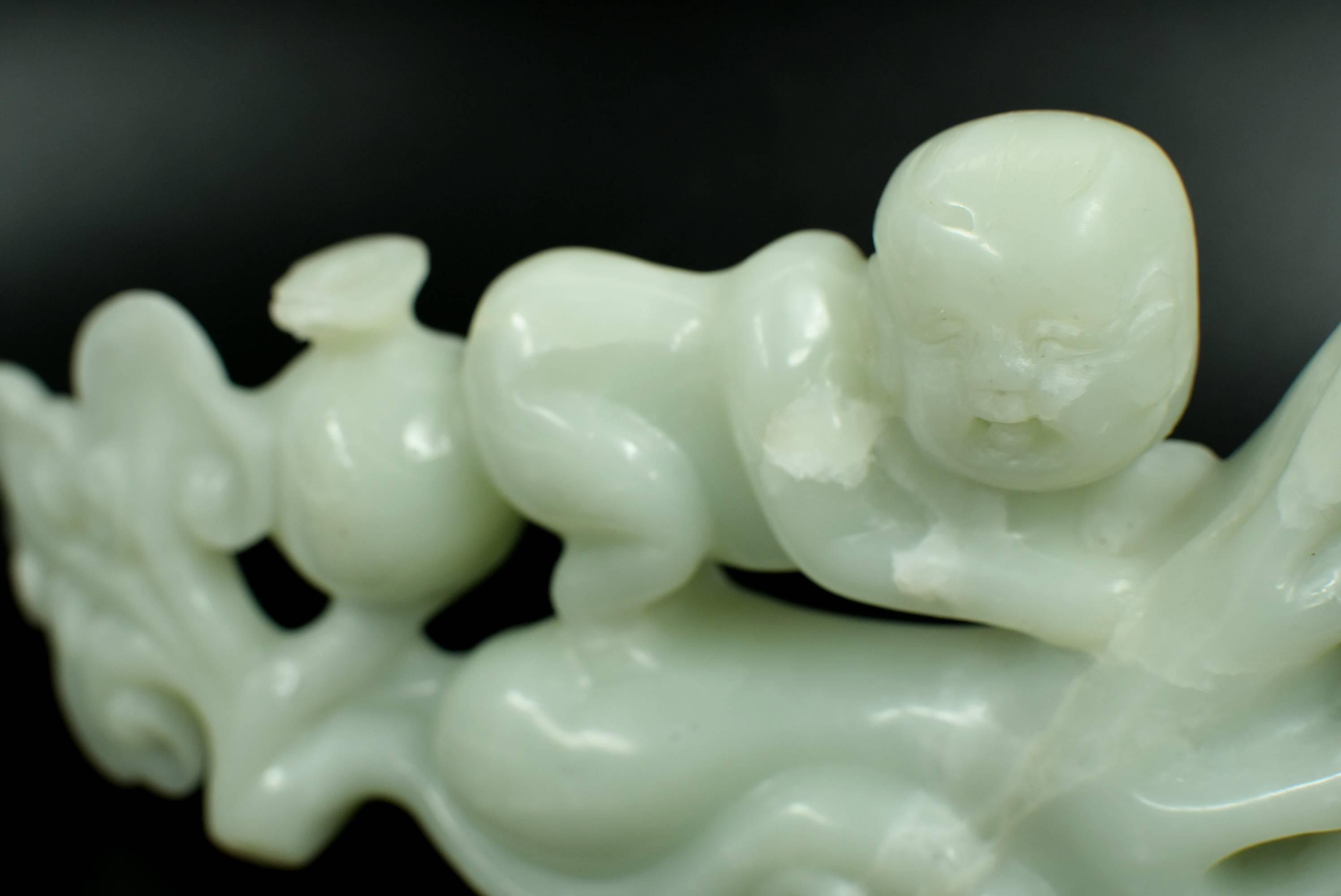 Nephrite Jade Statue Green Celadon Boy and Citron 2.3 lb  For Sale 4