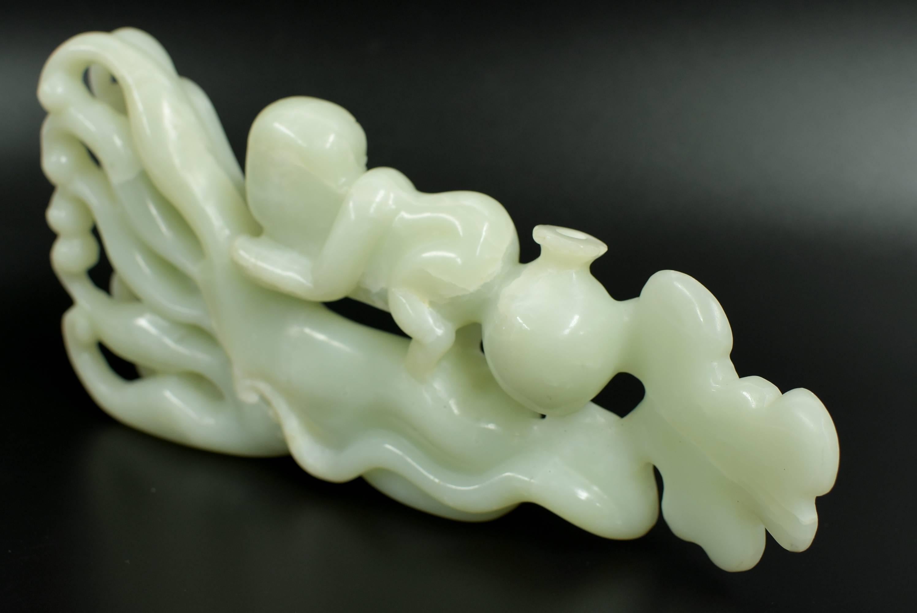 Nephrite Jade Statue Green Celadon Boy and Citron 2.3 lb  For Sale 6