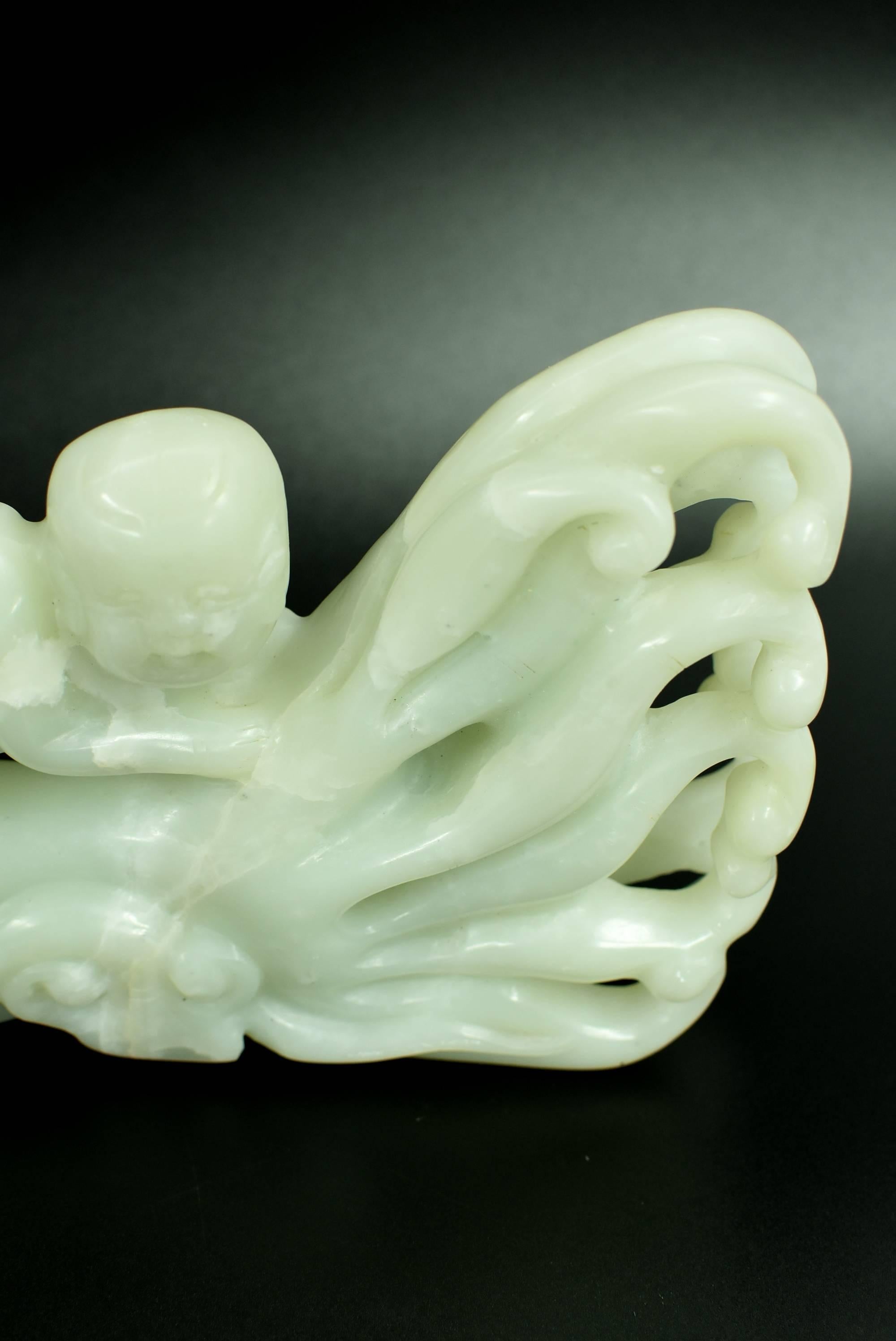 Nephrite Jade Statue Green Celadon Boy and Citron 2.3 lb  For Sale 7