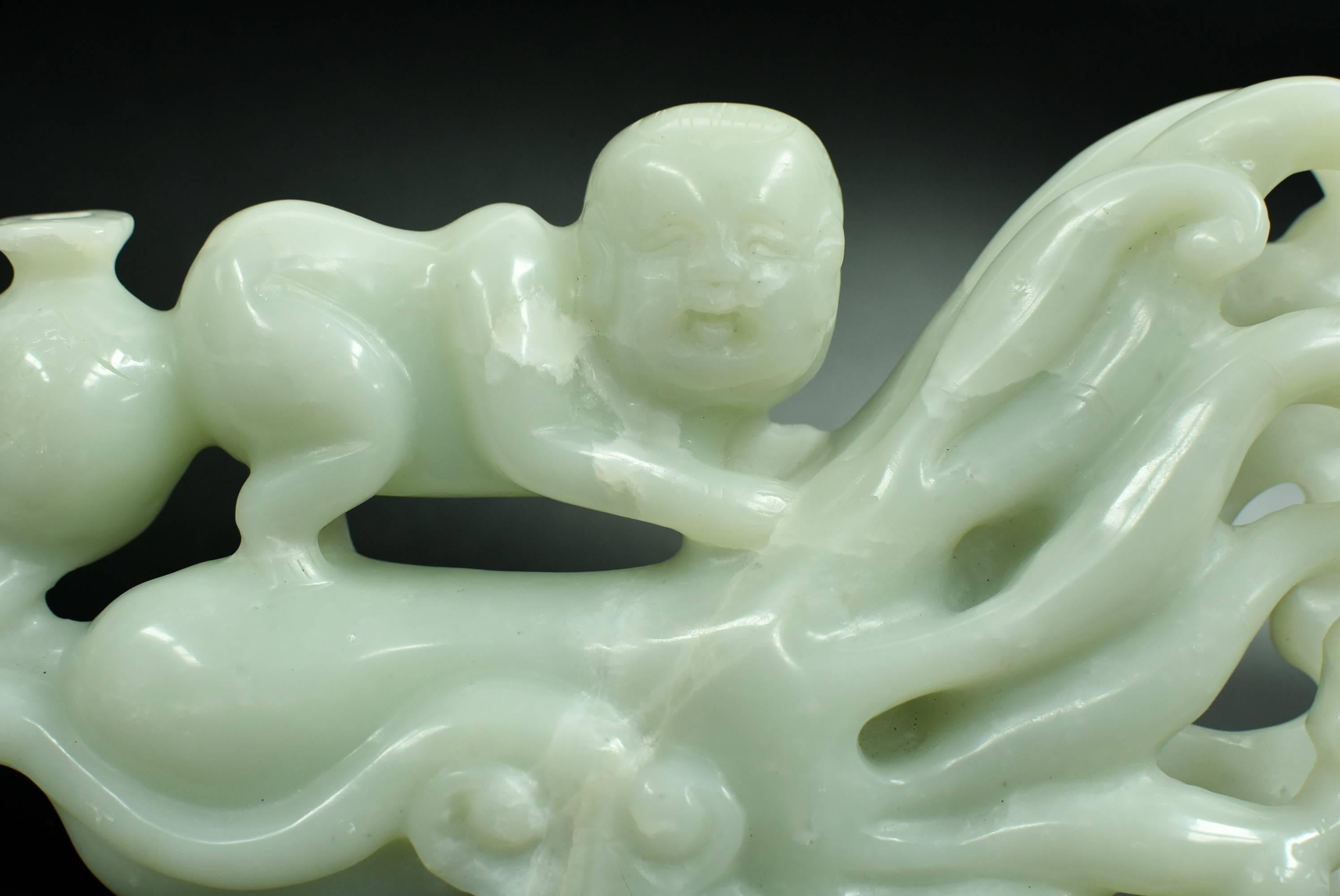 Nephrite Jade Statue Green Celadon Boy and Citron 2.3 lb  For Sale 8