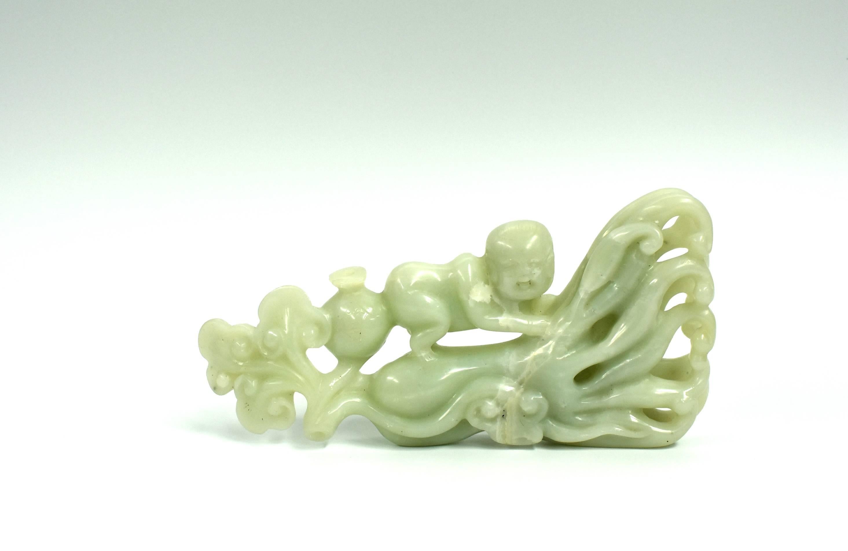 Nephrite Jade Statue Green Celadon Boy and Citron 2.3 lb  For Sale 12