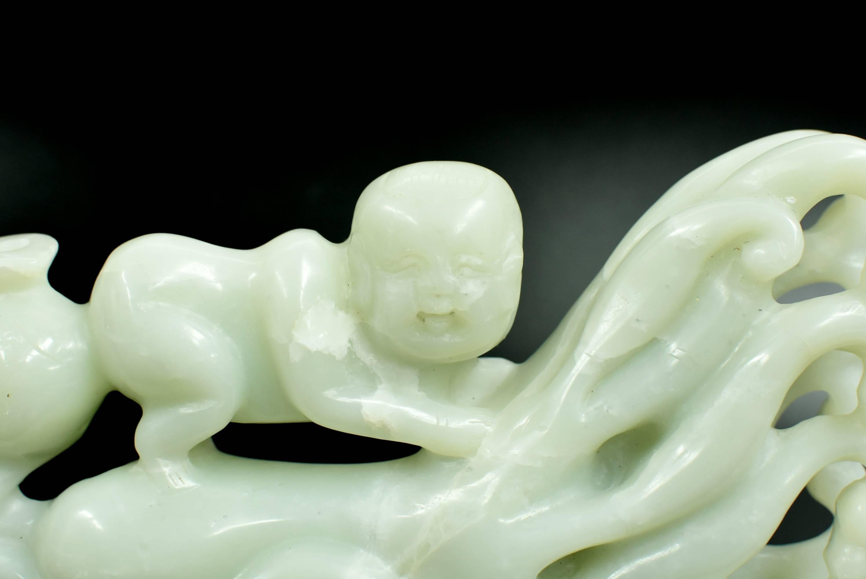 Chinese Nephrite Jade Statue Green Celadon Boy and Citron 2.3 lb  For Sale