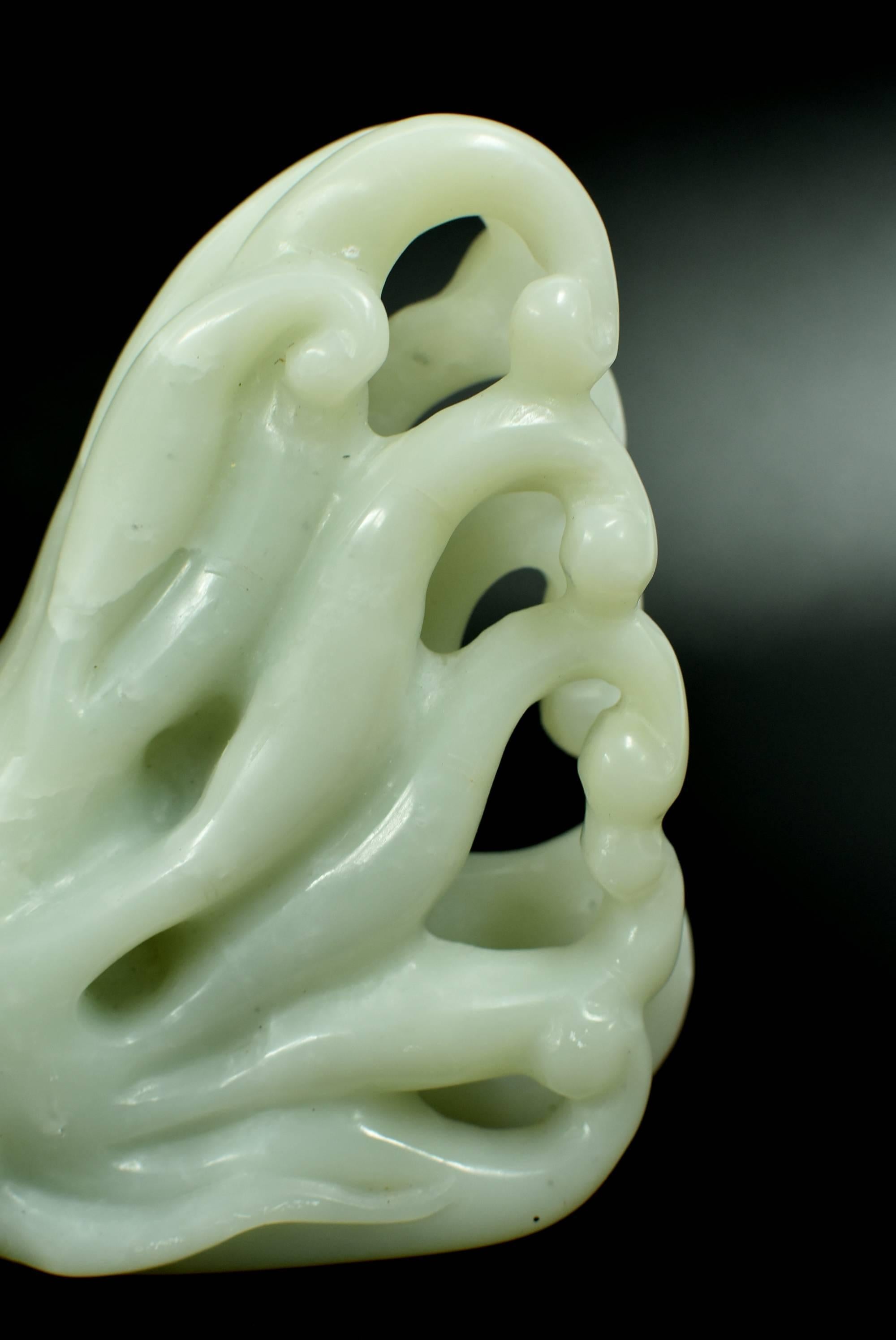 Hand-Carved Nephrite Jade Statue Green Celadon Boy and Citron 2.3 lb  For Sale