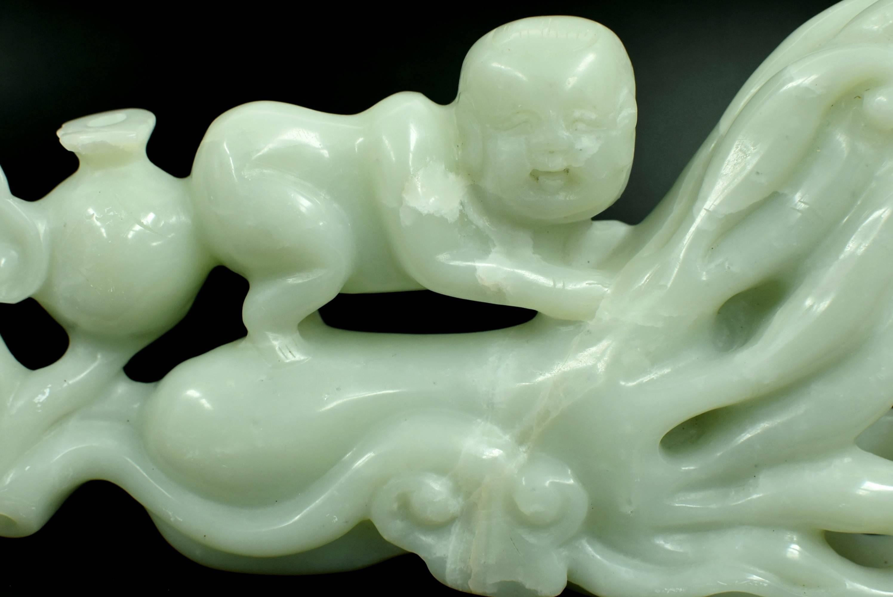 20th Century Nephrite Jade Statue Green Celadon Boy and Citron 2.3 lb  For Sale