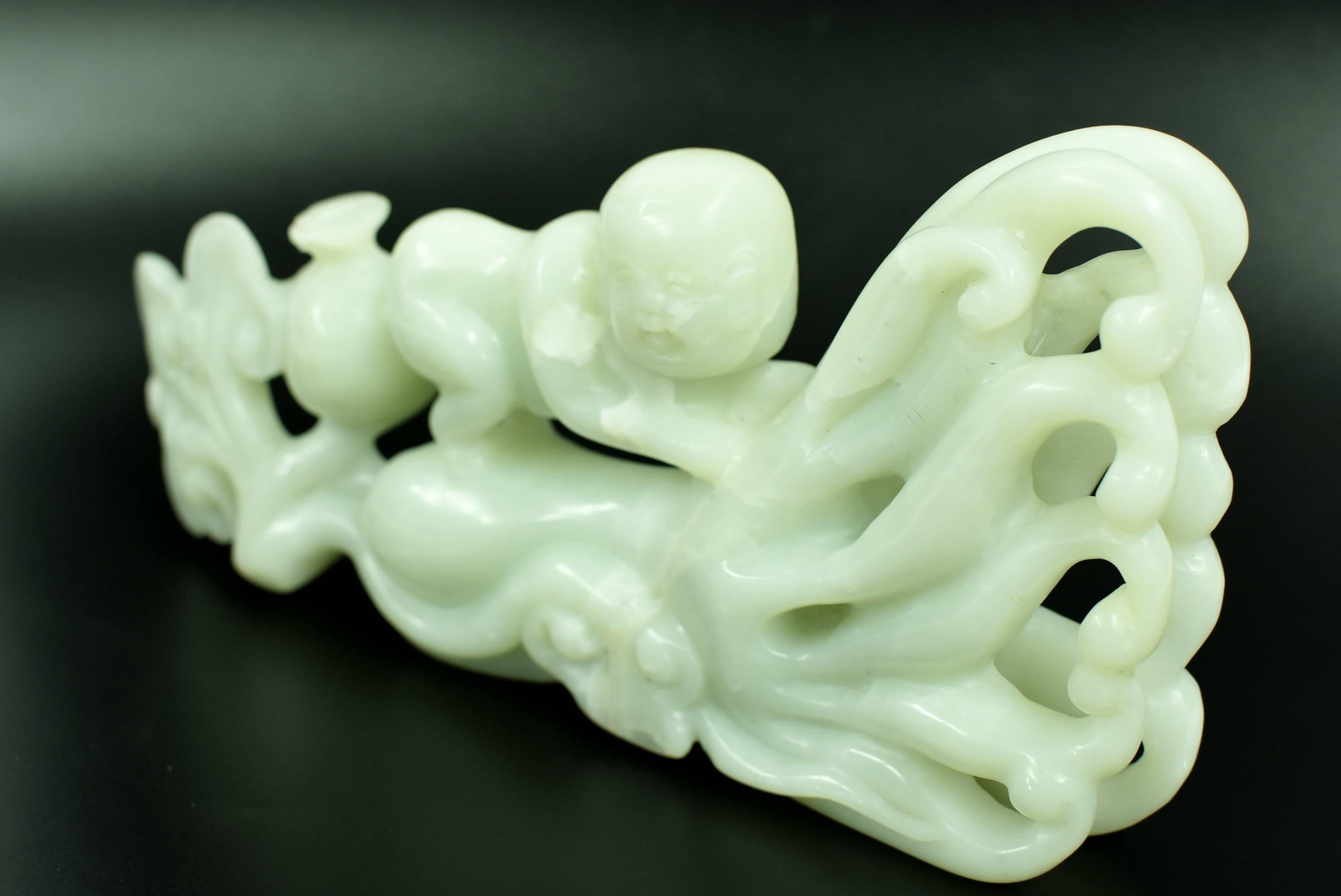 Nephrite Jade Statue Green Celadon Boy and Citron 2.3 lb  For Sale 1
