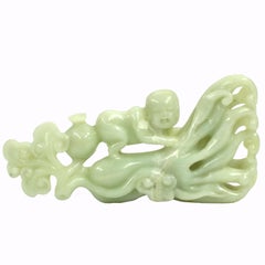 Vintage Nephrite Jade Statue Green Celadon Boy and Citron 2.3 lb 