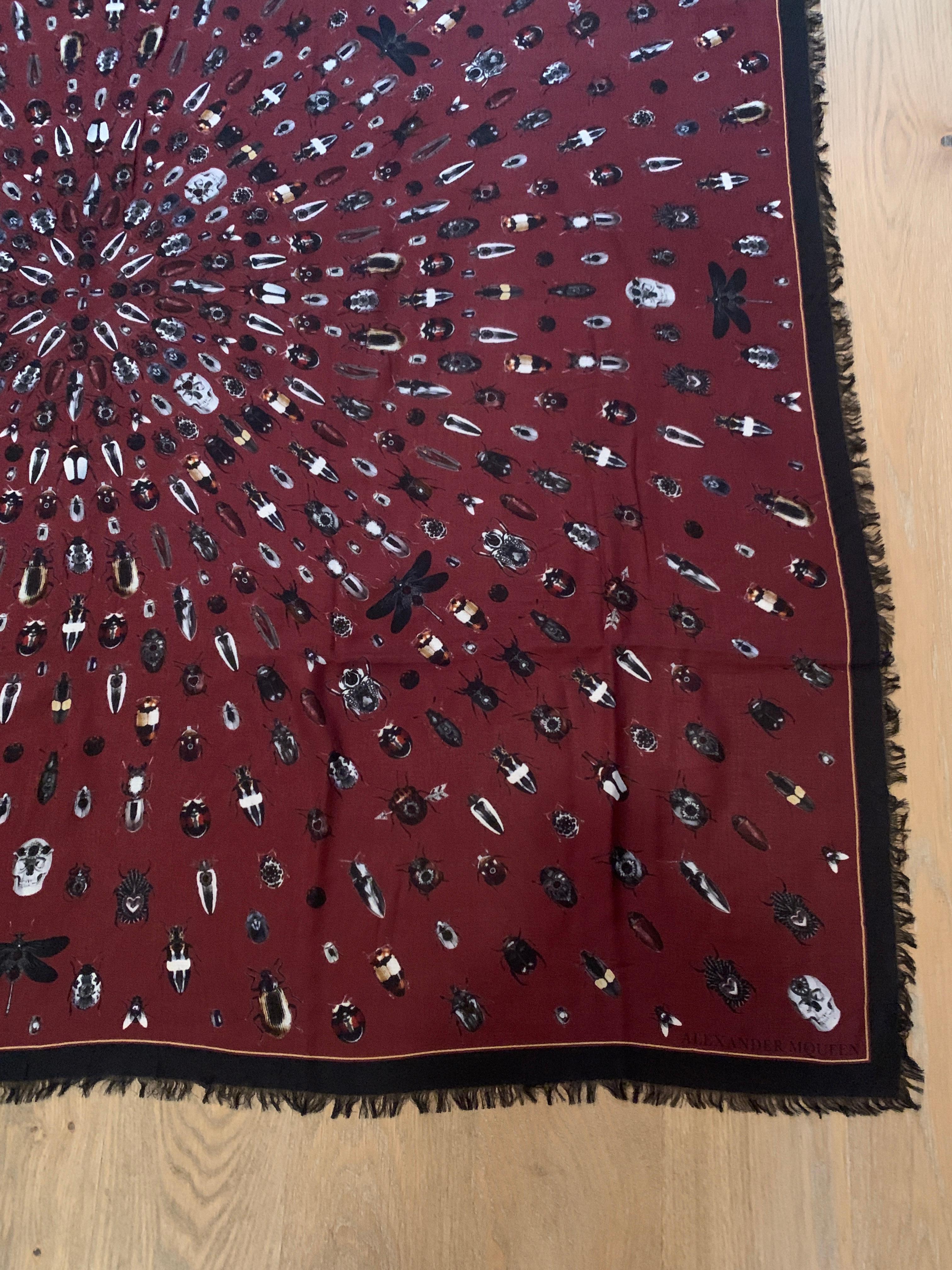 Red Huge New Alexander McQueen Jeweled Bug and Skull Print Scarf in Burgundy Black