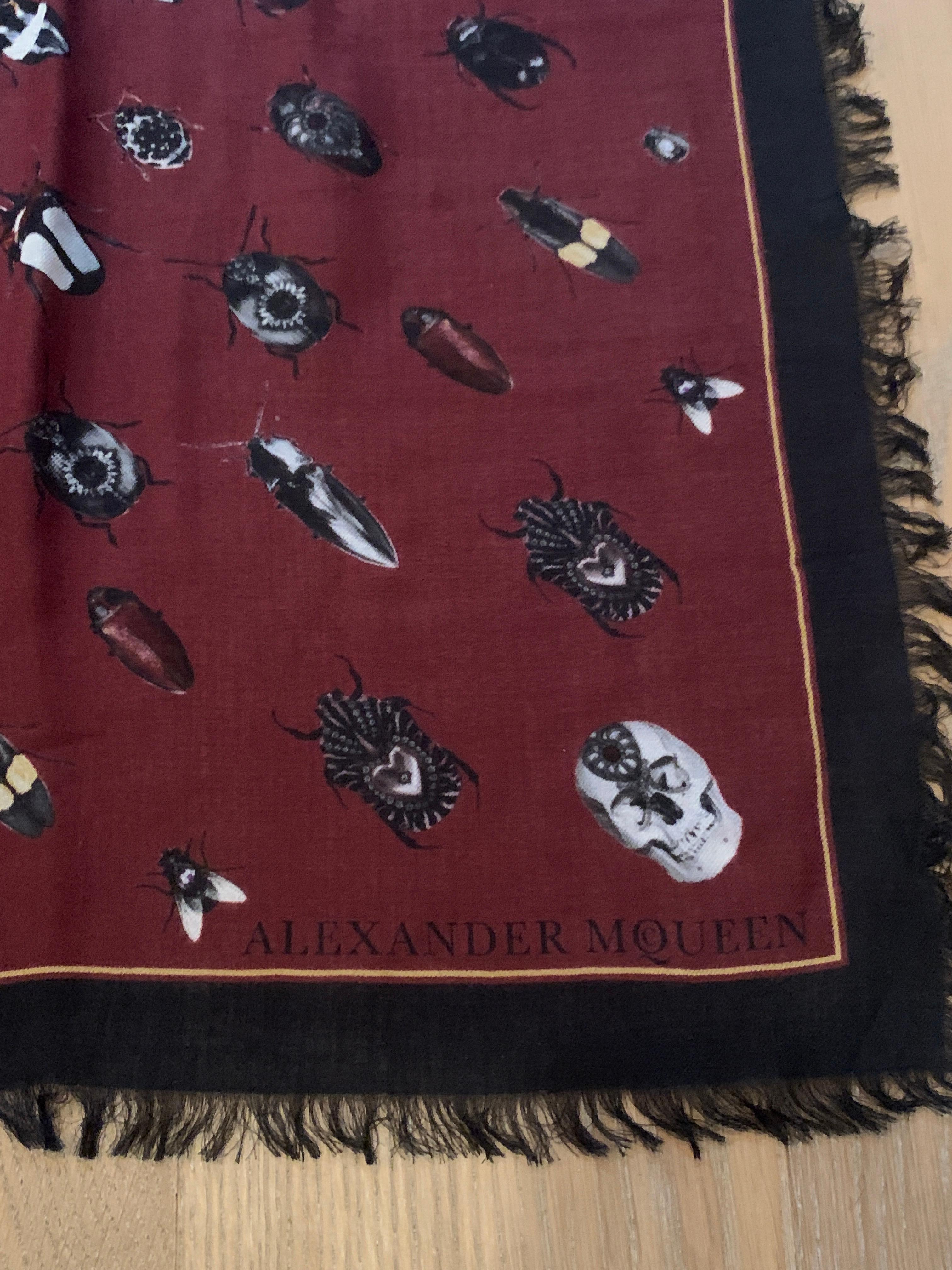 Huge New Alexander McQueen Jeweled Bug and Skull Print Scarf in Burgundy Black In New Condition In San Francisco, CA