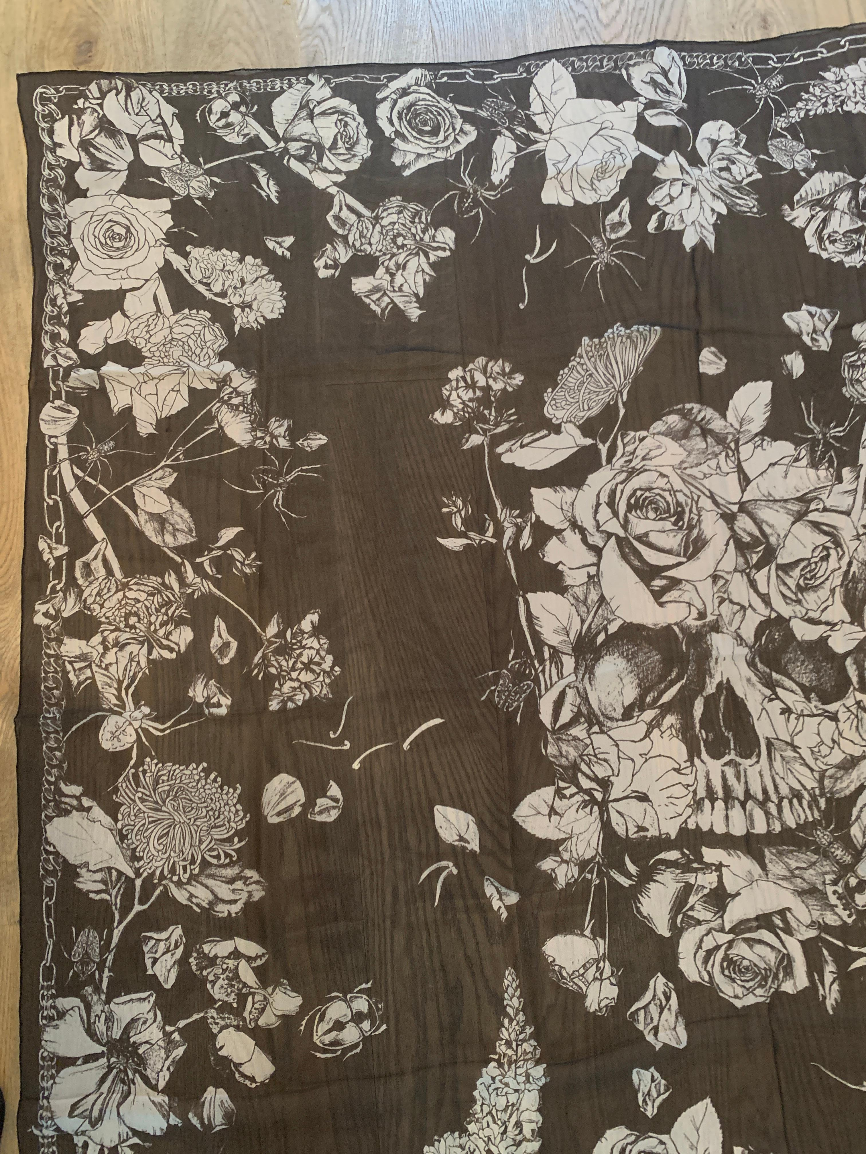 Huge New Alexander Mcqueen Silk Skull, Roses and Insect Semi-Sheer Black Scarf  In New Condition In San Francisco, CA