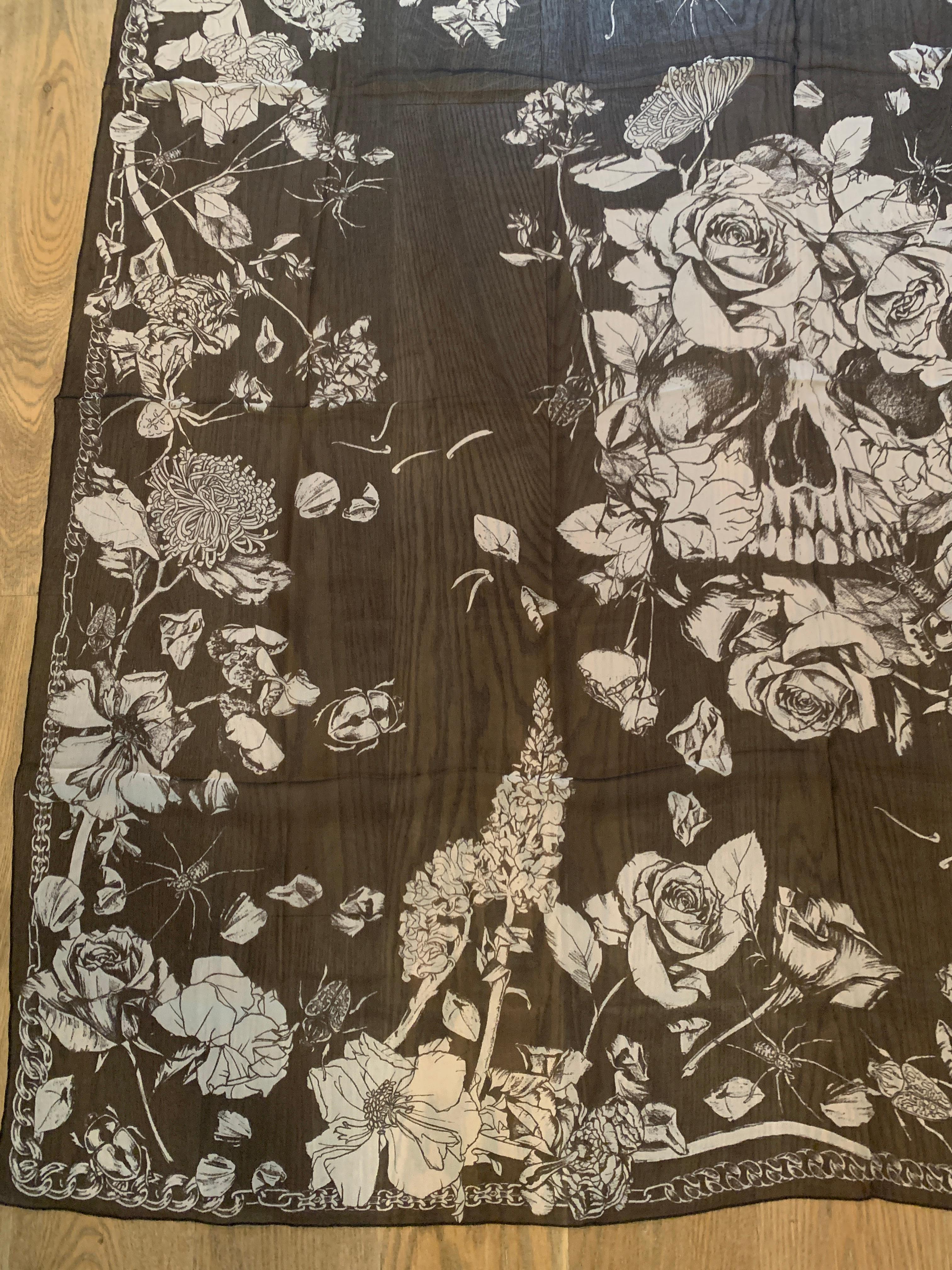Huge New Alexander Mcqueen Silk Skull, Roses and Insect Semi-Sheer Black Scarf  1