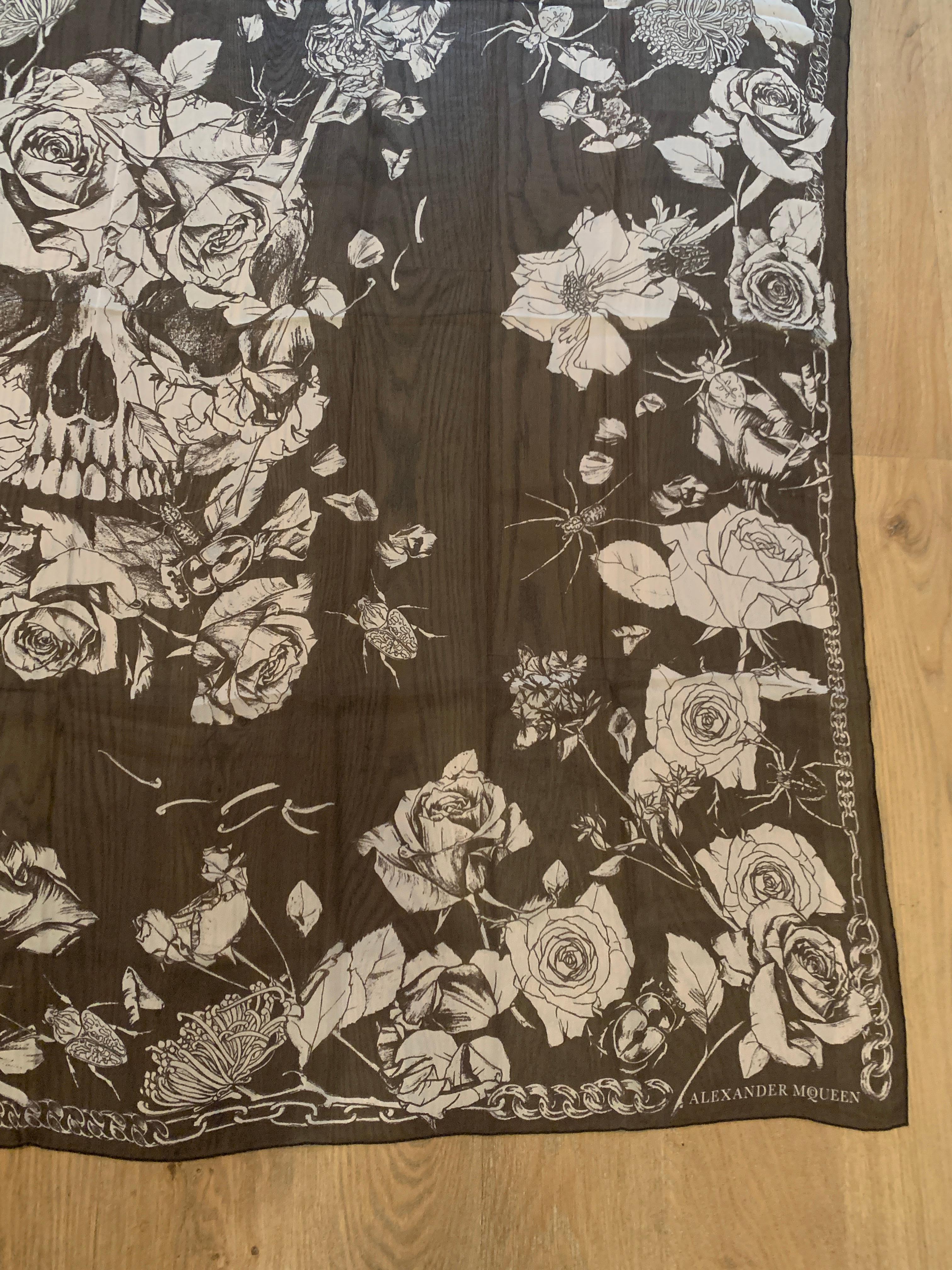 Huge New Alexander Mcqueen Silk Skull, Roses and Insect Semi-Sheer Black Scarf  2