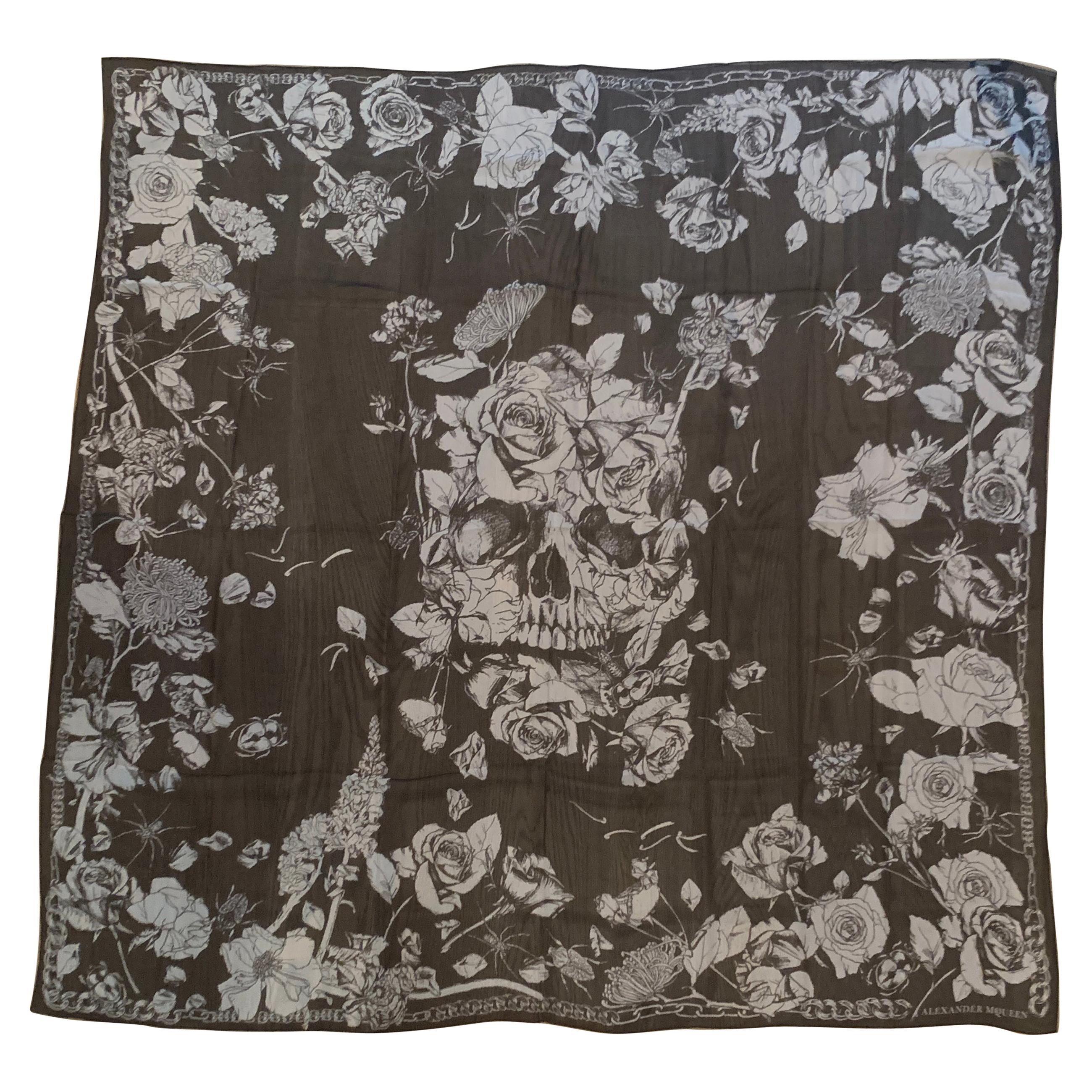 Huge New Alexander Mcqueen Silk Skull, Roses and Insect Semi-Sheer Black Scarf 