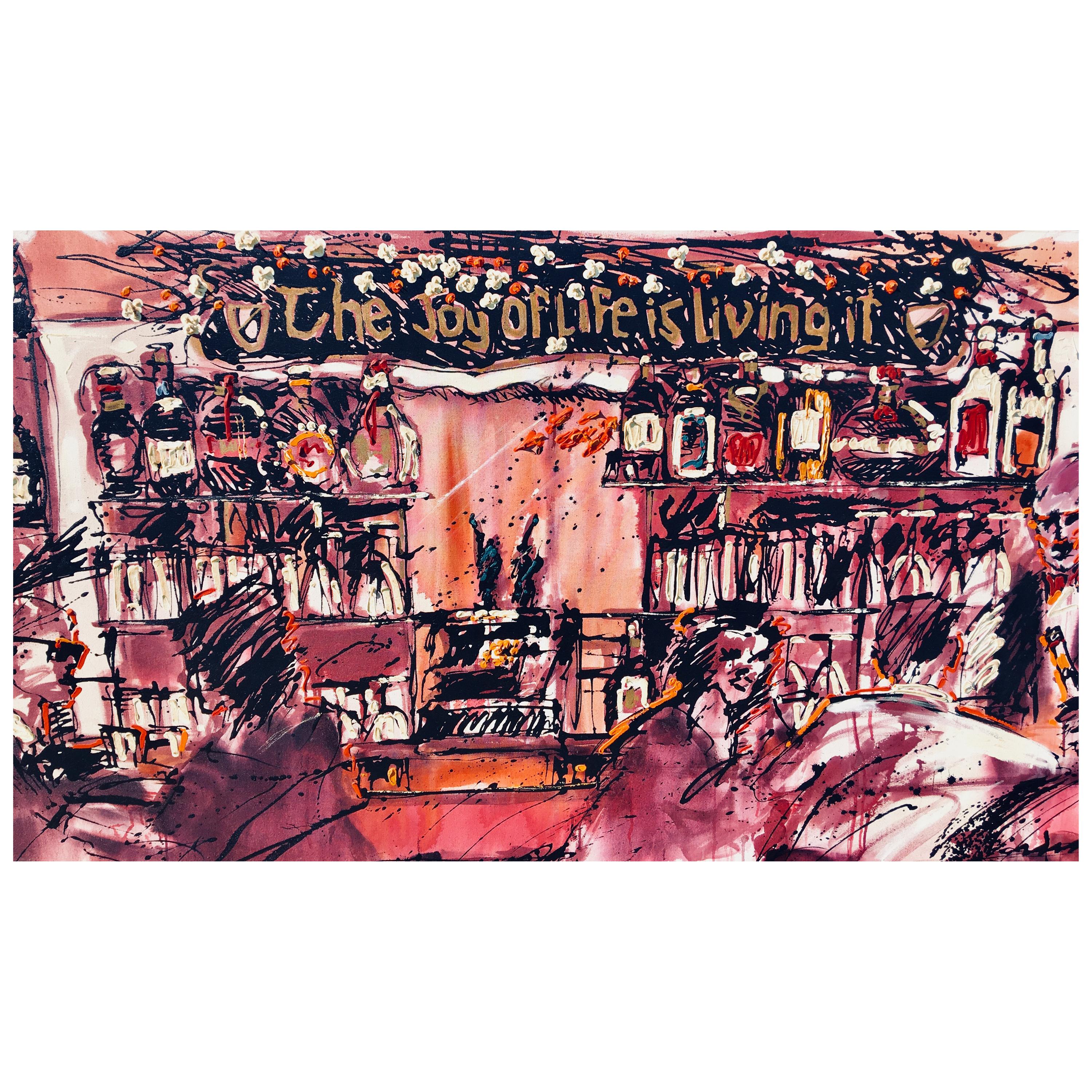 This giant sized, monumental, (unframed - no frame required) contemporary, original acrylic on canvas painting is an abstract rendering of the bar area of The Arches, an iconic Newport Beach, California watering hole and restaurant which was