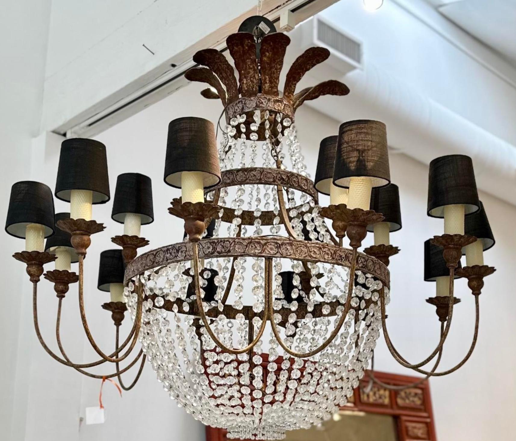 Huge Niermann Weeks Wrought Iron & Crystal Chandelier It features 18 lights and brilliant draping crystal with a classic basket form.