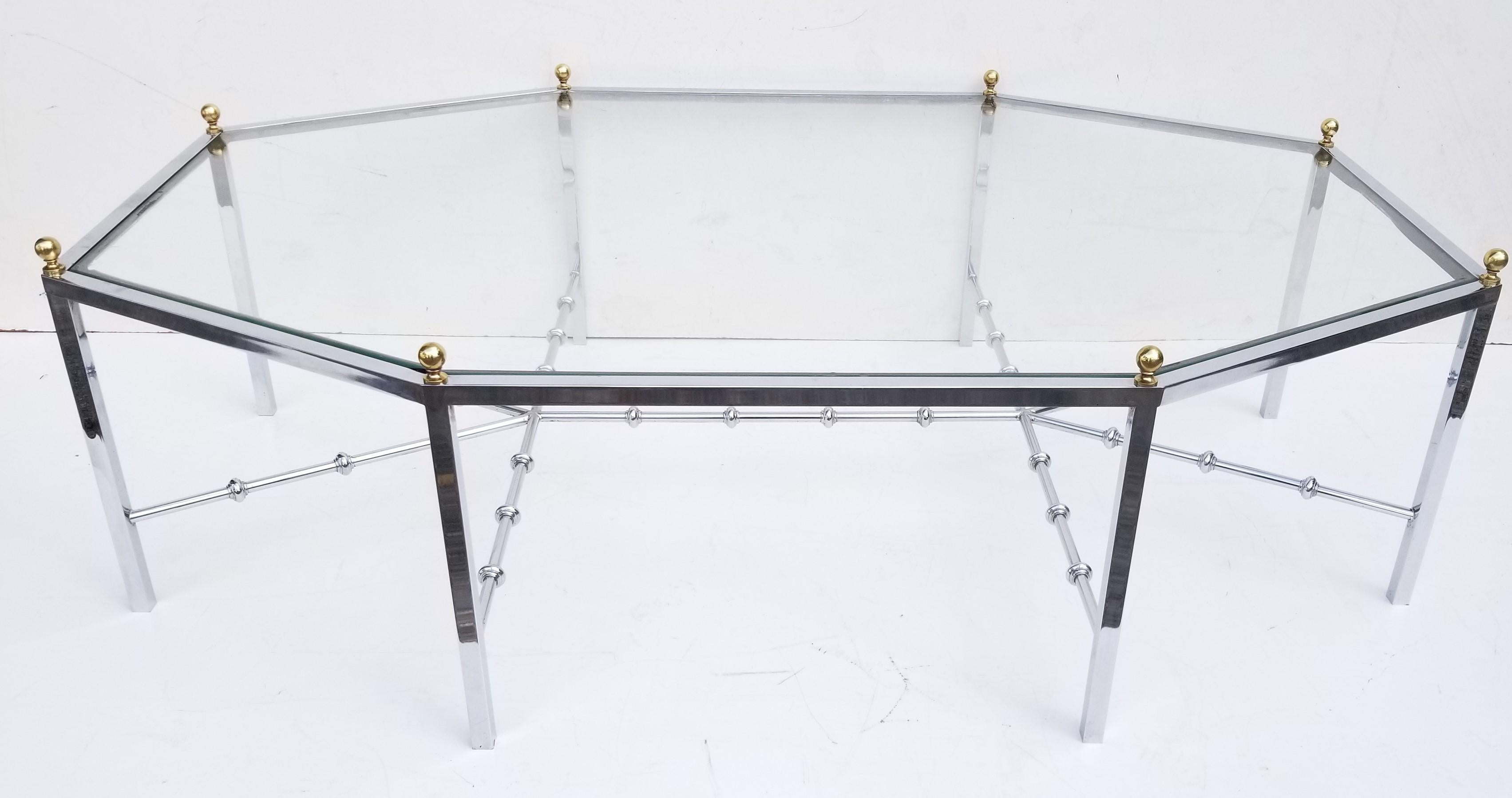Faux bamboo chrome base for this rare and elegant Maison Jansen octagonal coffee table The eight side of 18.5