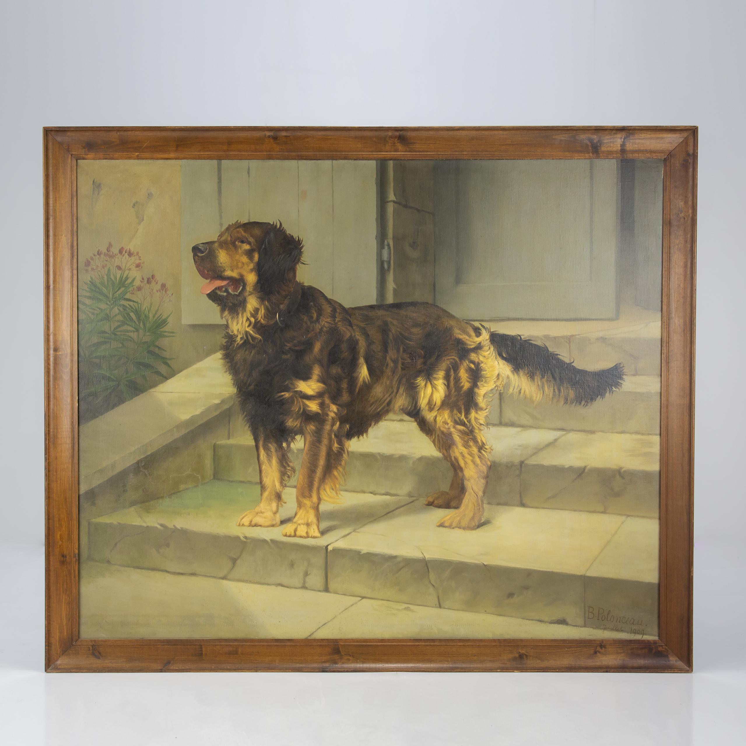 Huge Oil on Canvas Dog Portait by Blanche Polonceau (1846 - 1914) Dated 1909.

Large Early 20th Century oil on canvas portrait of a English Sheperd Dog. Captured on the steps of the house. by Female artist Blanche Polonceau. Signed and dated
