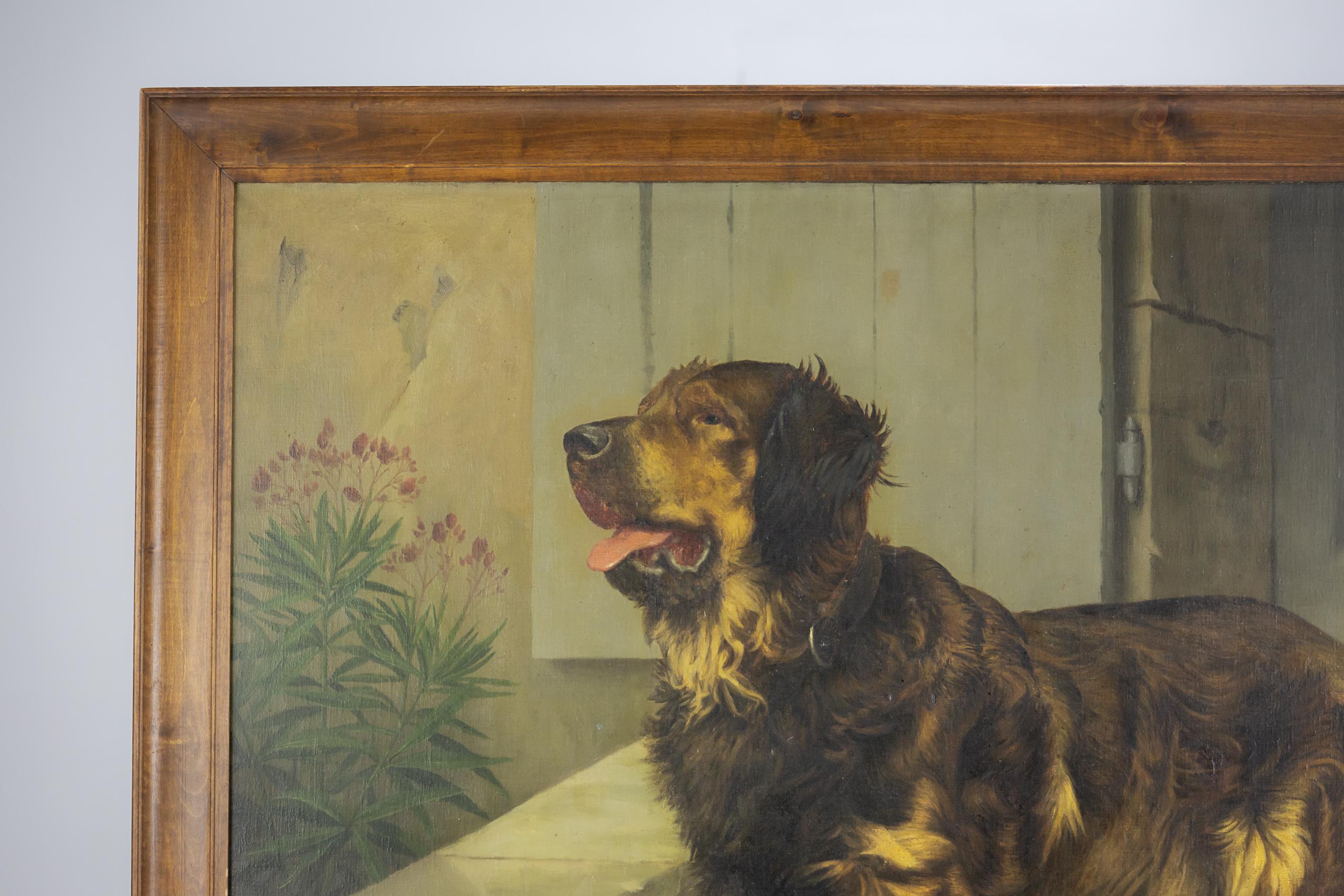 French Huge Oil on Canvas English Sheperd Dog Portait by Blanche Polonceau 1909 For Sale
