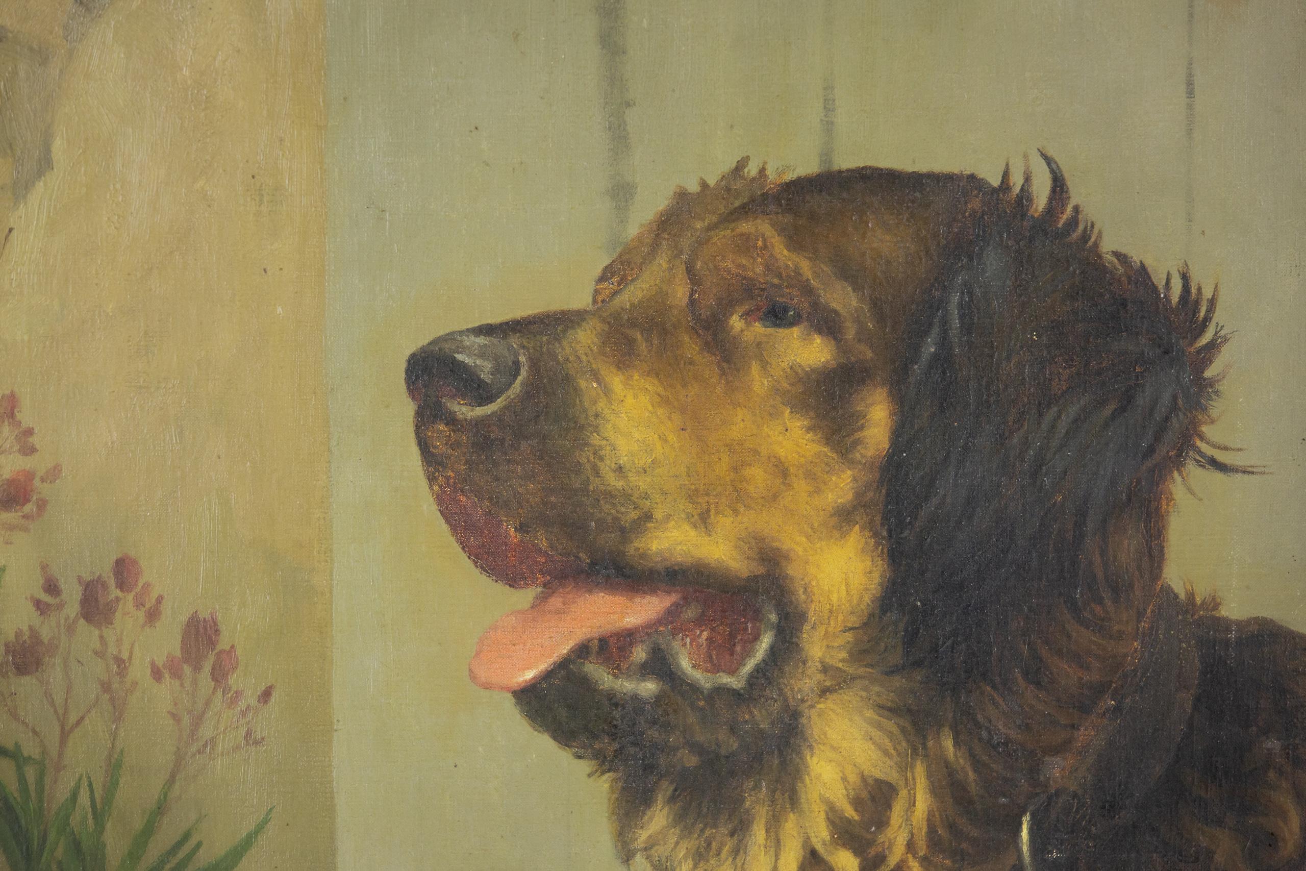 Painted Huge Oil on Canvas English Sheperd Dog Portait by Blanche Polonceau 1909 For Sale