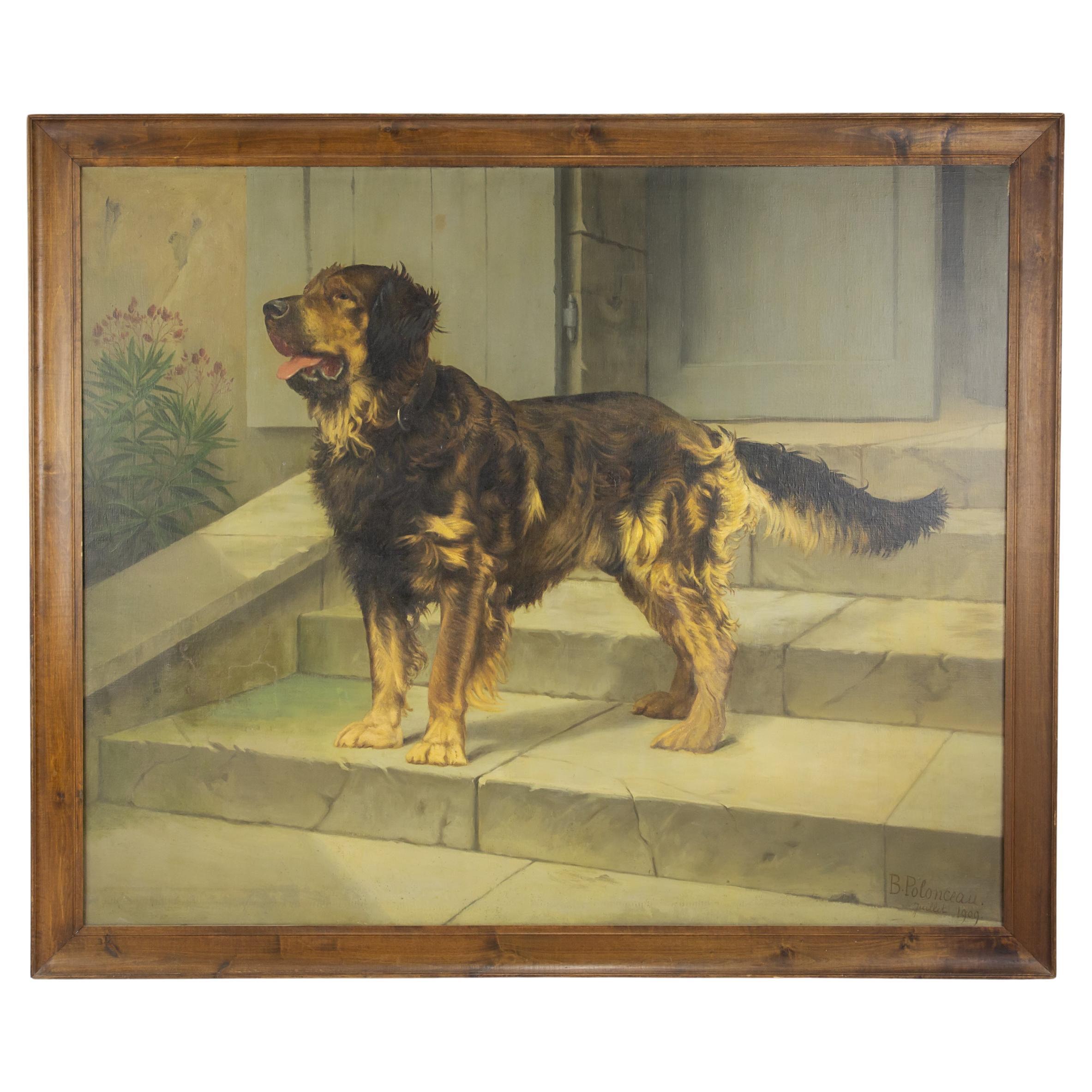 Huge Oil on Canvas English Sheperd Dog Portait by Blanche Polonceau 1909 For Sale