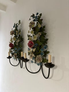 Huge Old French Tole Flowers & Leaves Sconces circa 1870 Extremely Rare