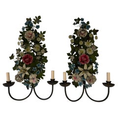 Antique Huge Old French Tole Flowers & Leaves Sconces circa 1870 Extremely Rare
