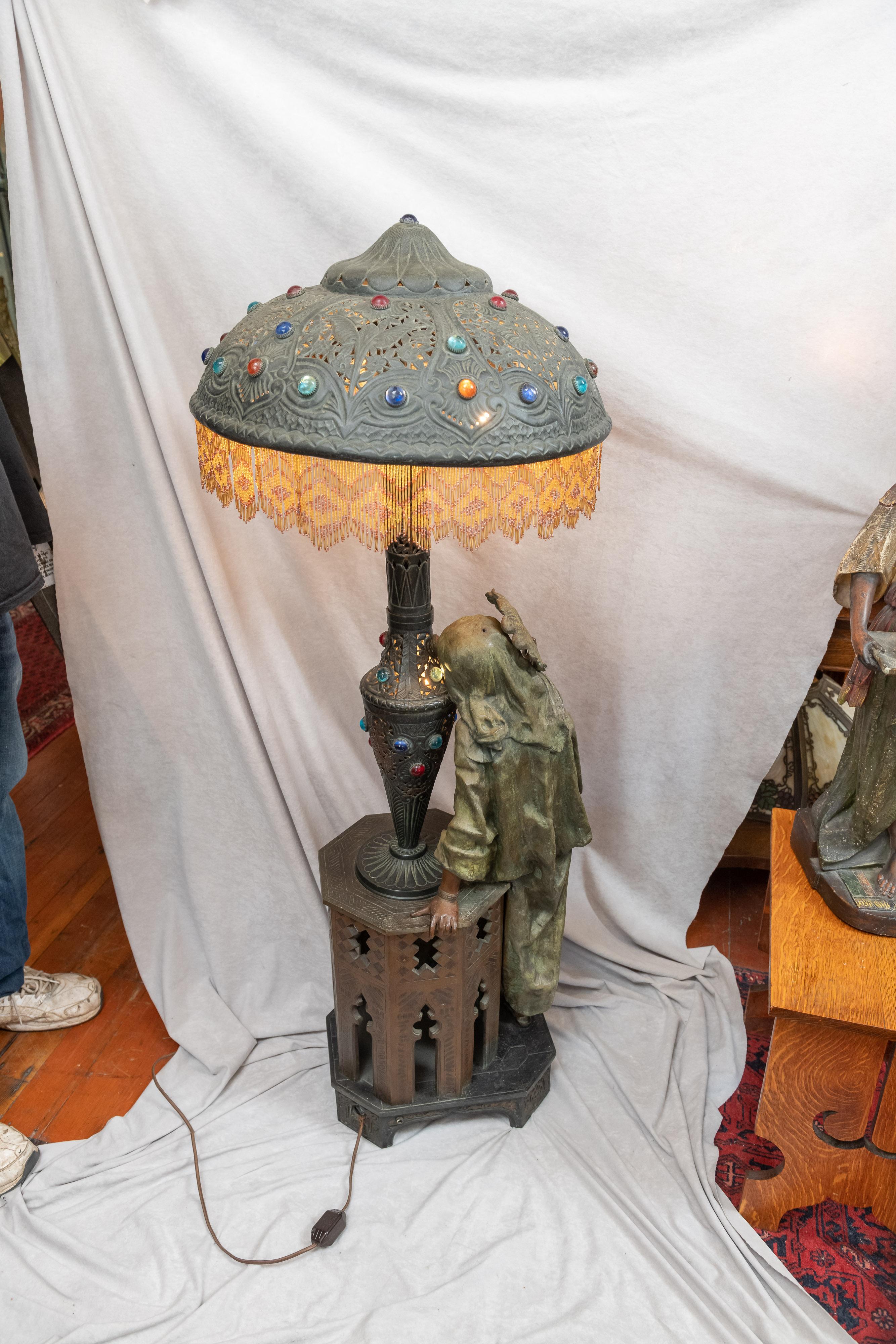 Huge Orientalist Theme Statue / Lamp w/Arab Woman Under a Brass Shade w/ Jewels 4