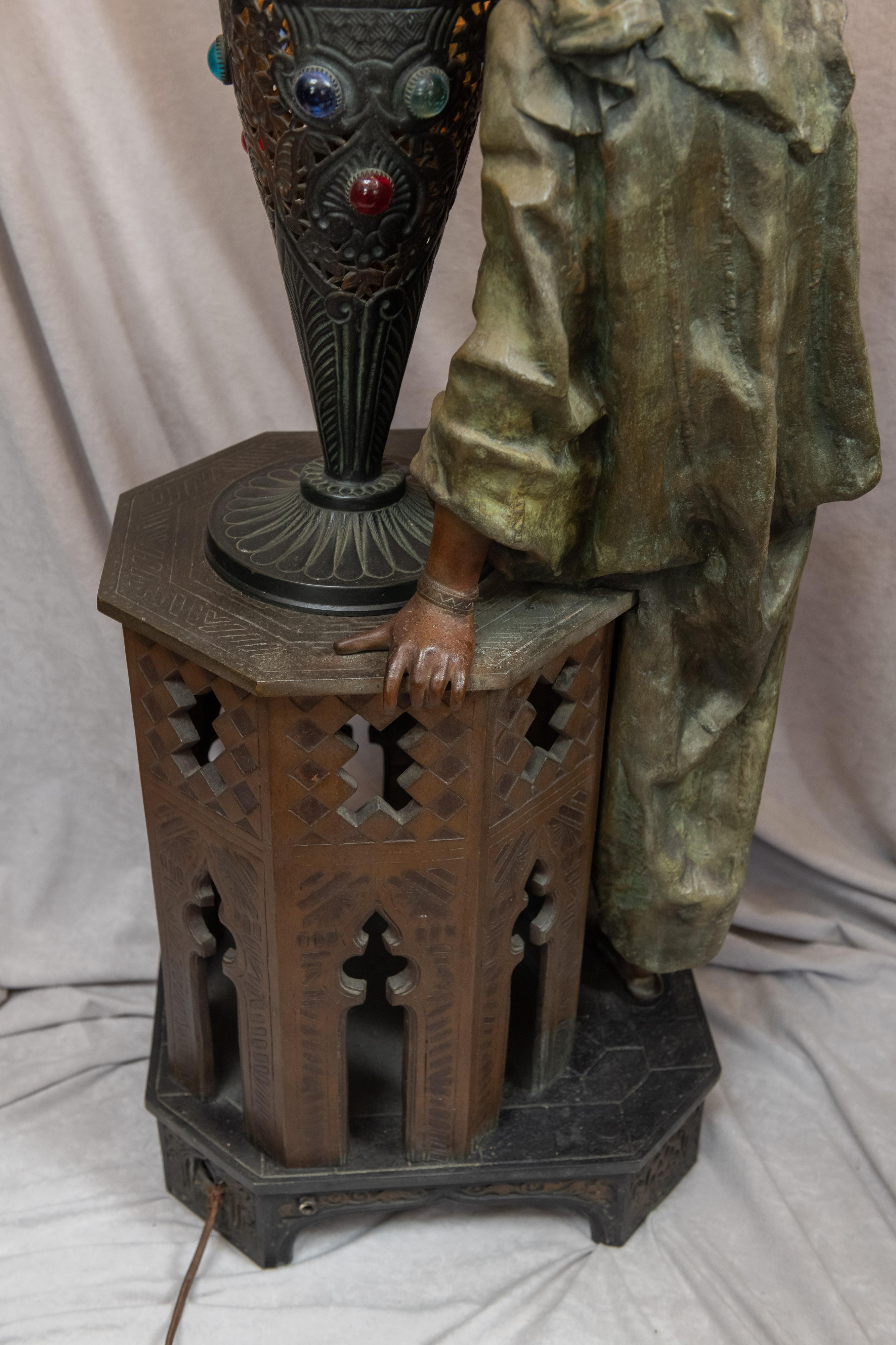 Huge Orientalist Theme Statue / Lamp w/Arab Woman Under a Brass Shade w/ Jewels 5