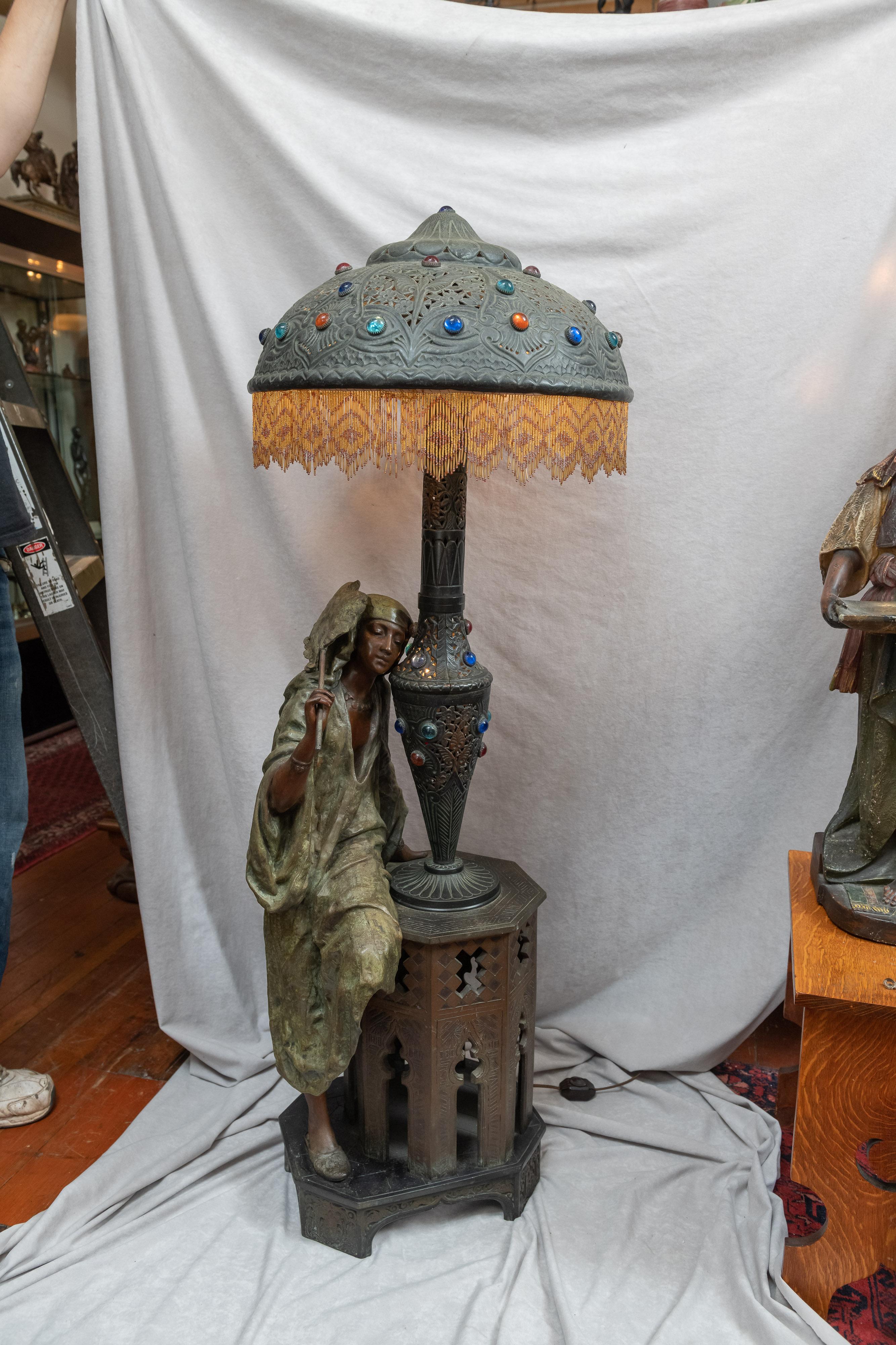 Moorish Huge Orientalist Theme Statue / Lamp w/Arab Woman Under a Brass Shade w/ Jewels