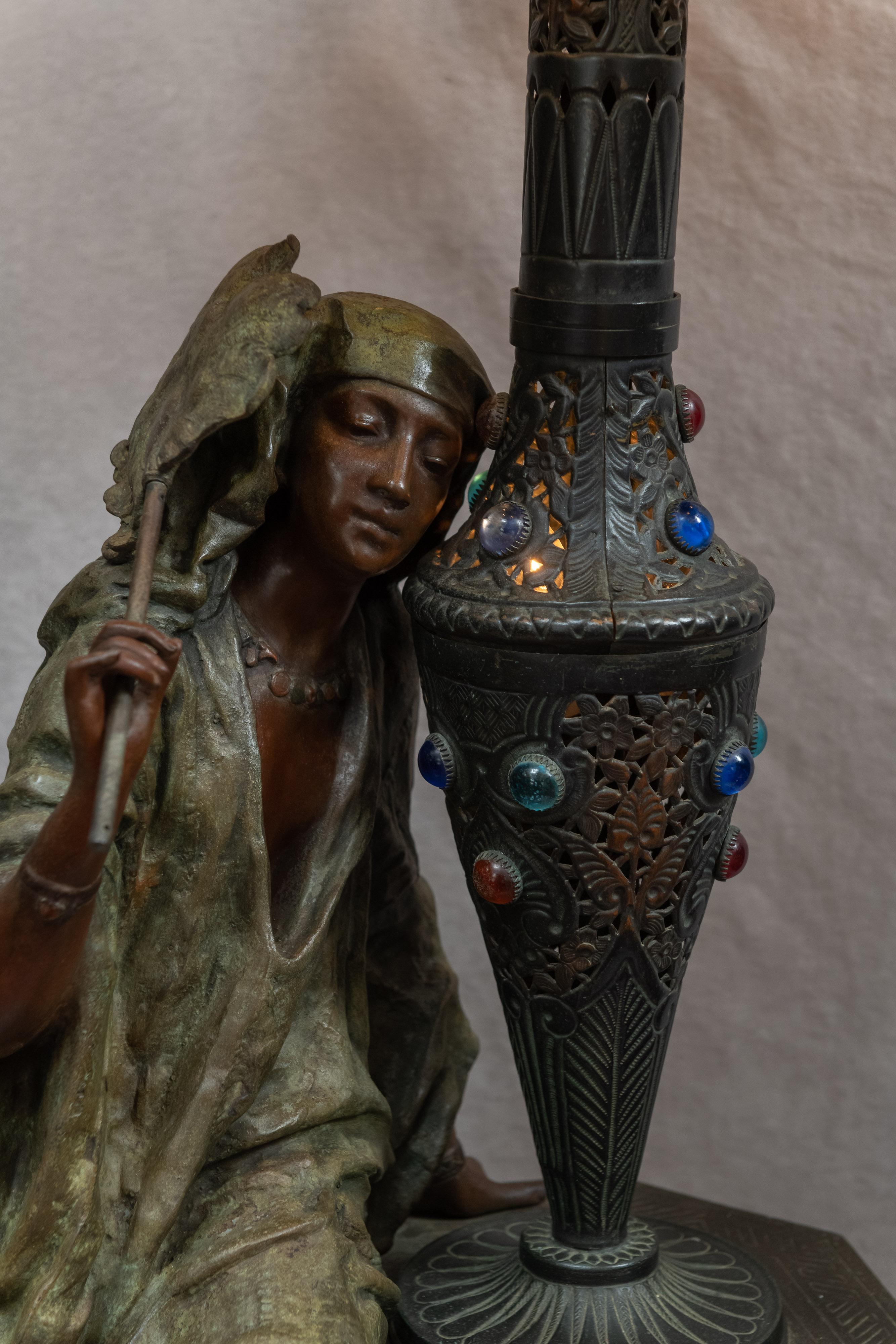 French Huge Orientalist Theme Statue / Lamp w/Arab Woman Under a Brass Shade w/ Jewels