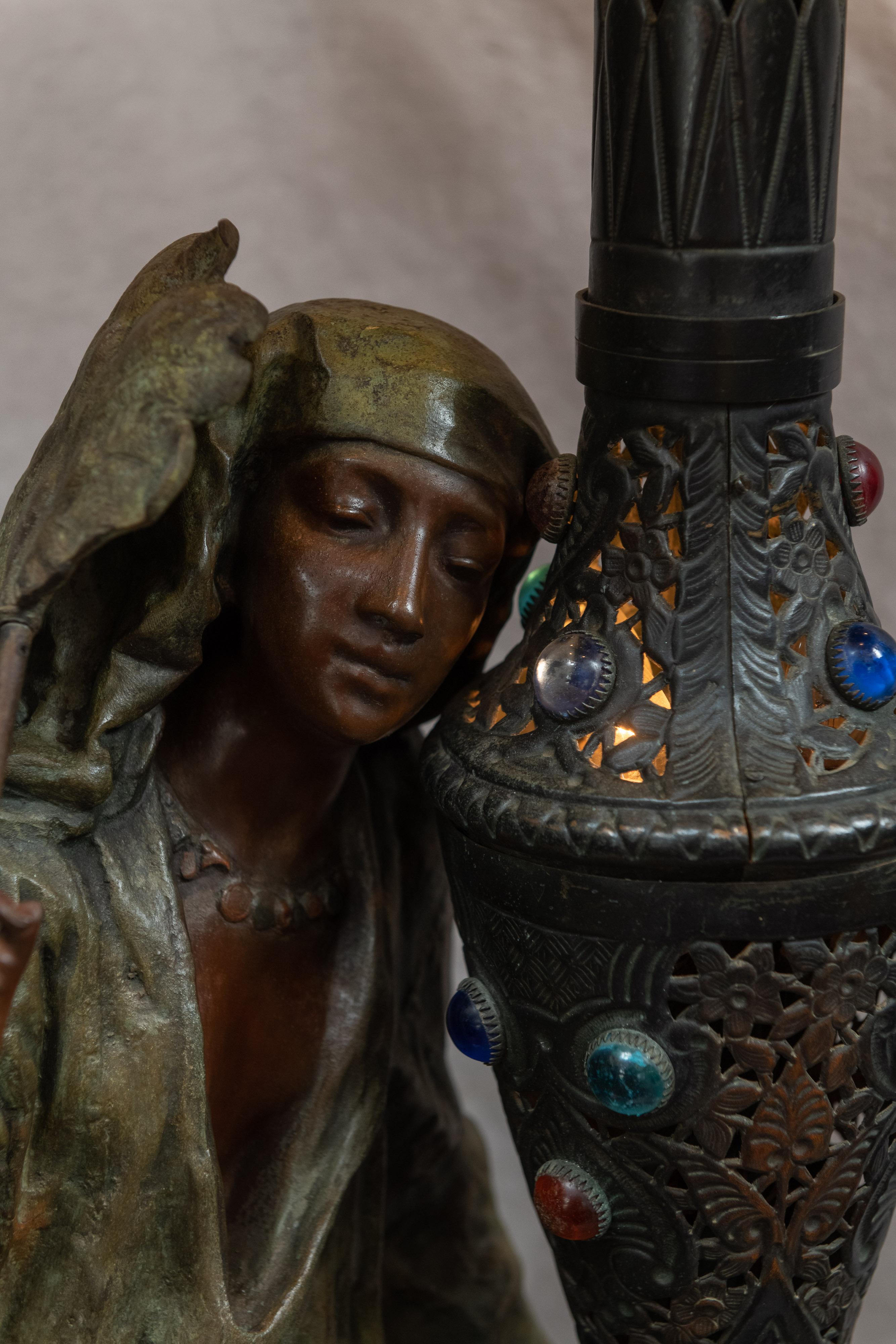 Hand-Crafted Huge Orientalist Theme Statue / Lamp w/Arab Woman Under a Brass Shade w/ Jewels