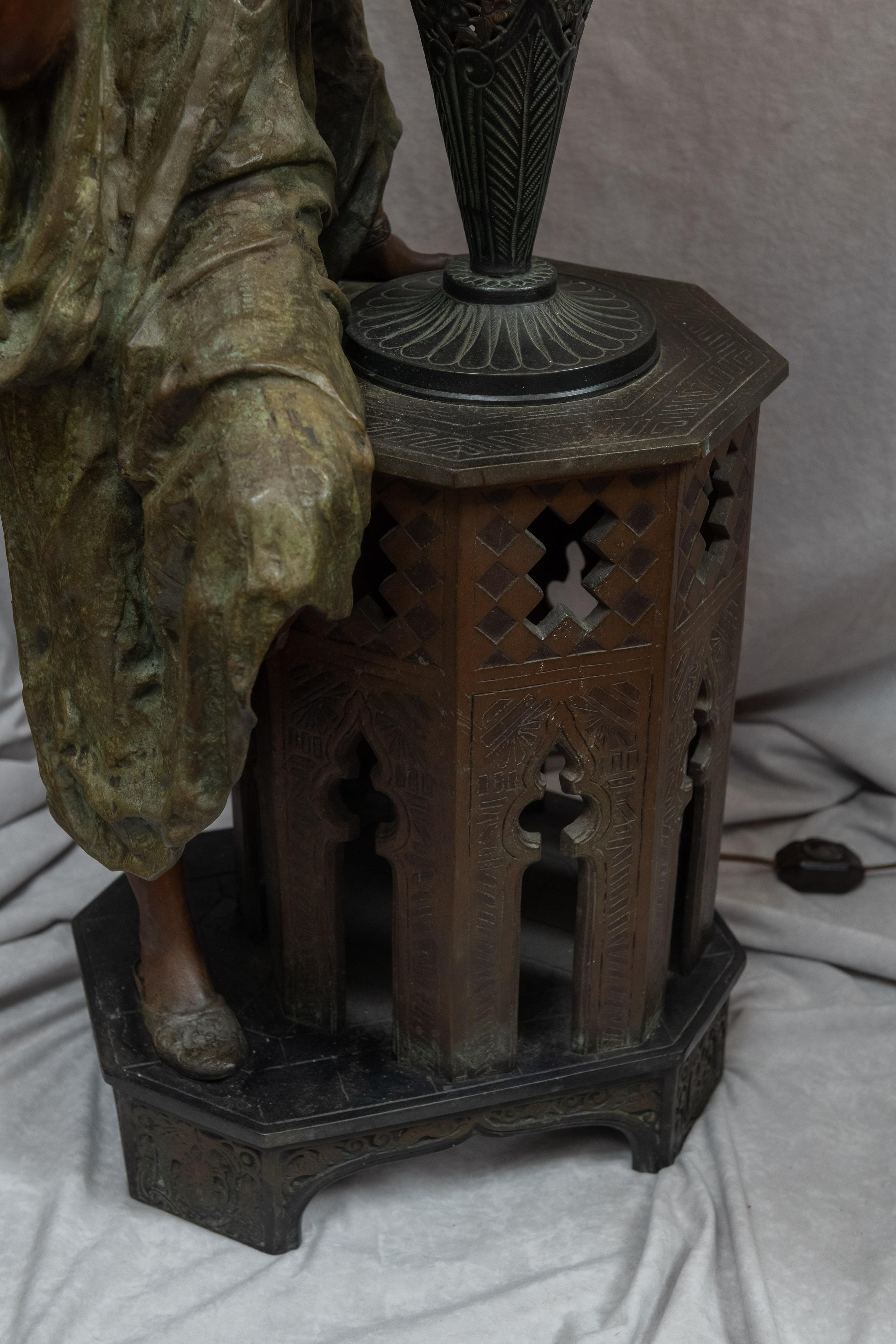 Huge Orientalist Theme Statue / Lamp w/Arab Woman Under a Brass Shade w/ Jewels In Good Condition In Petaluma, CA