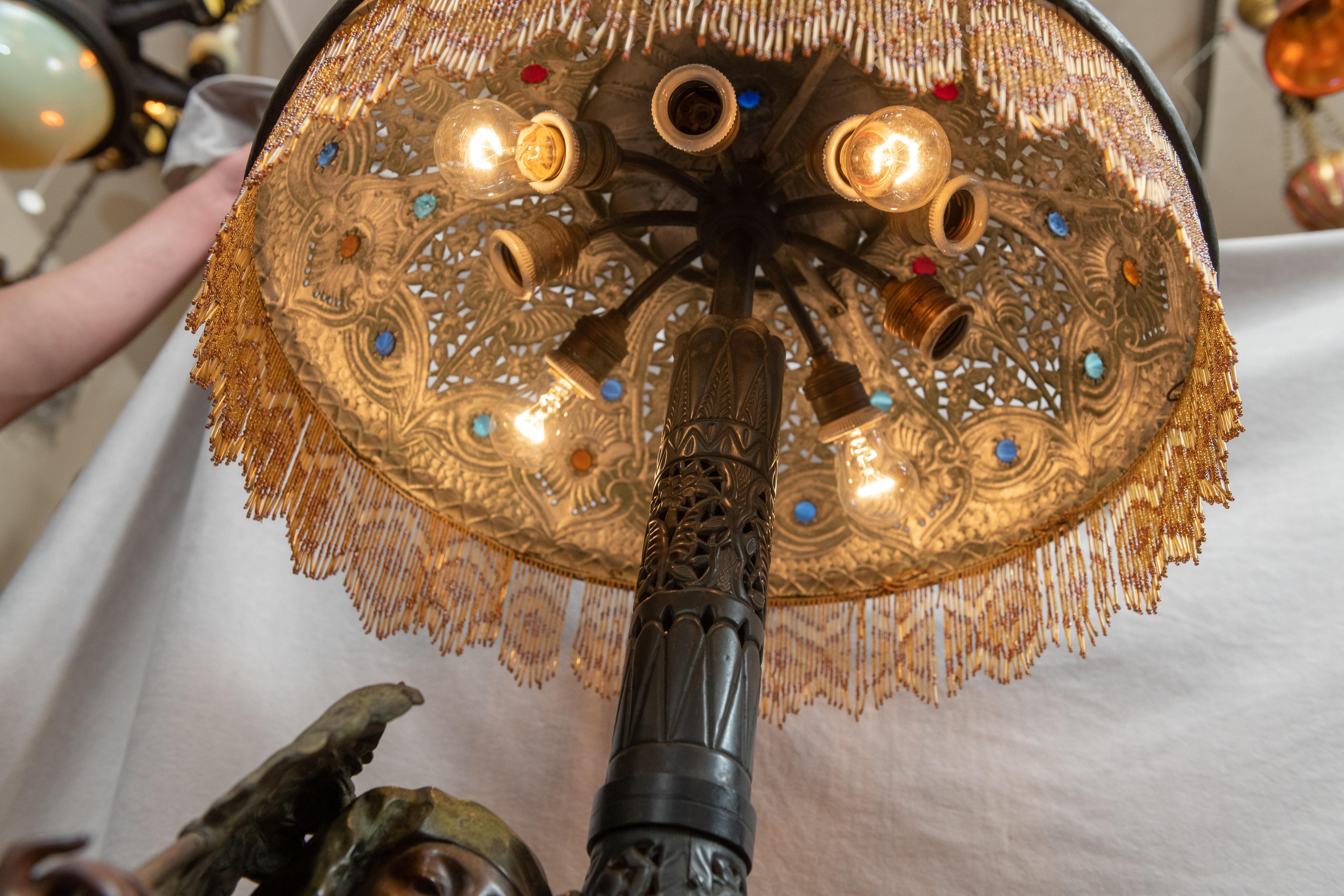 Huge Orientalist Theme Statue / Lamp w/Arab Woman Under a Brass Shade w/ Jewels 1
