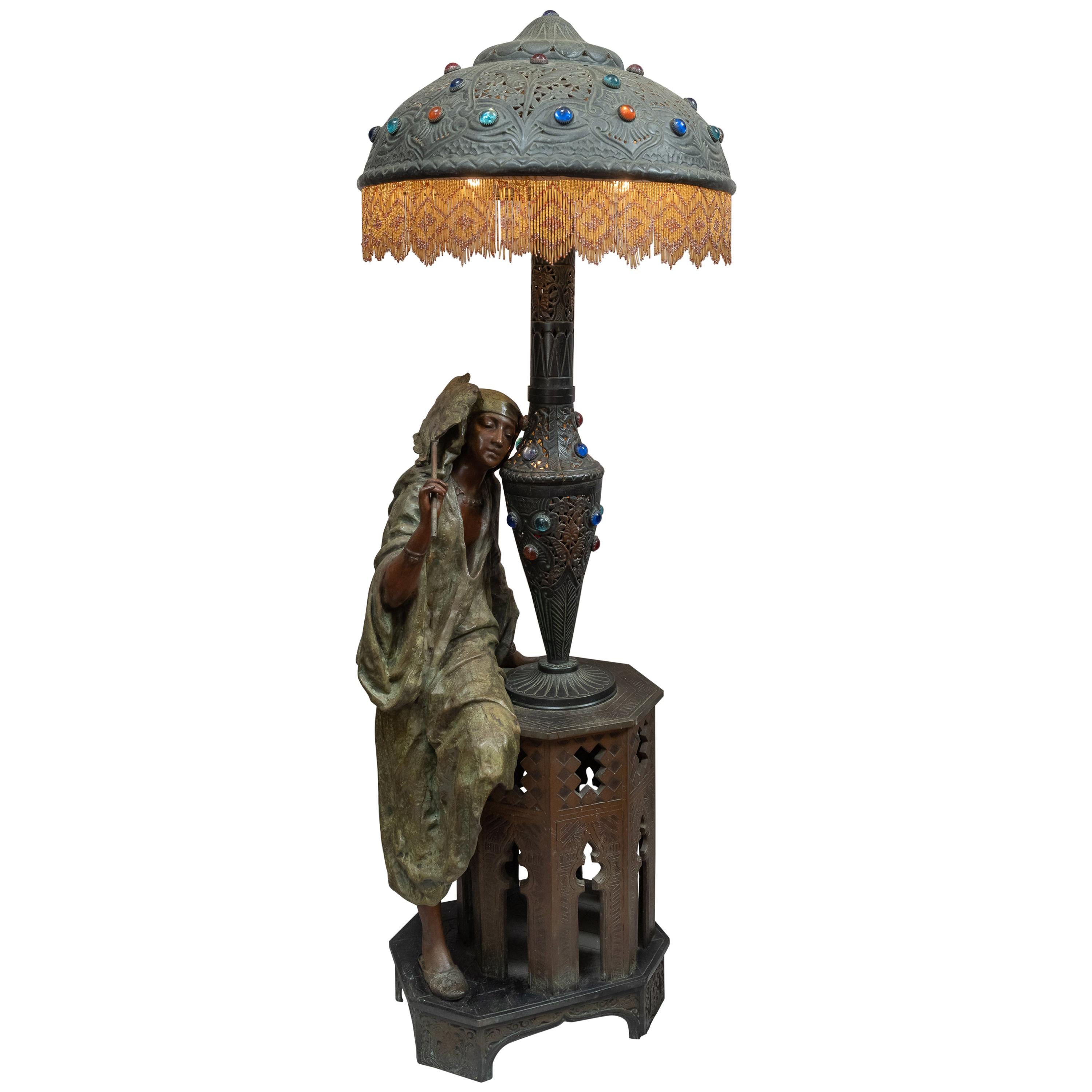 Huge Orientalist Theme Statue / Lamp w/Arab Woman Under a Brass Shade w/ Jewels
