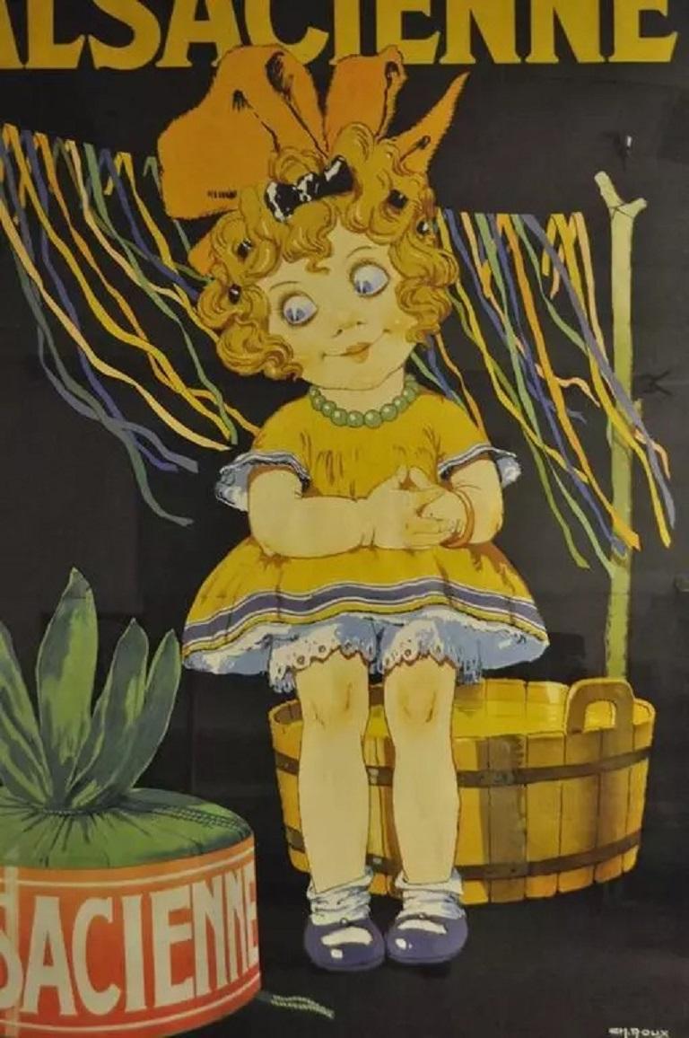 Riesige Original 1920er Französisch Art Deco Poster L'Alsacienne Teint & Ravive Ch Roux. Artikelmerkmale Ein übergroßes, zweiteiliges, gerahmtes französisches Art-Deco-Werbeplakat für 